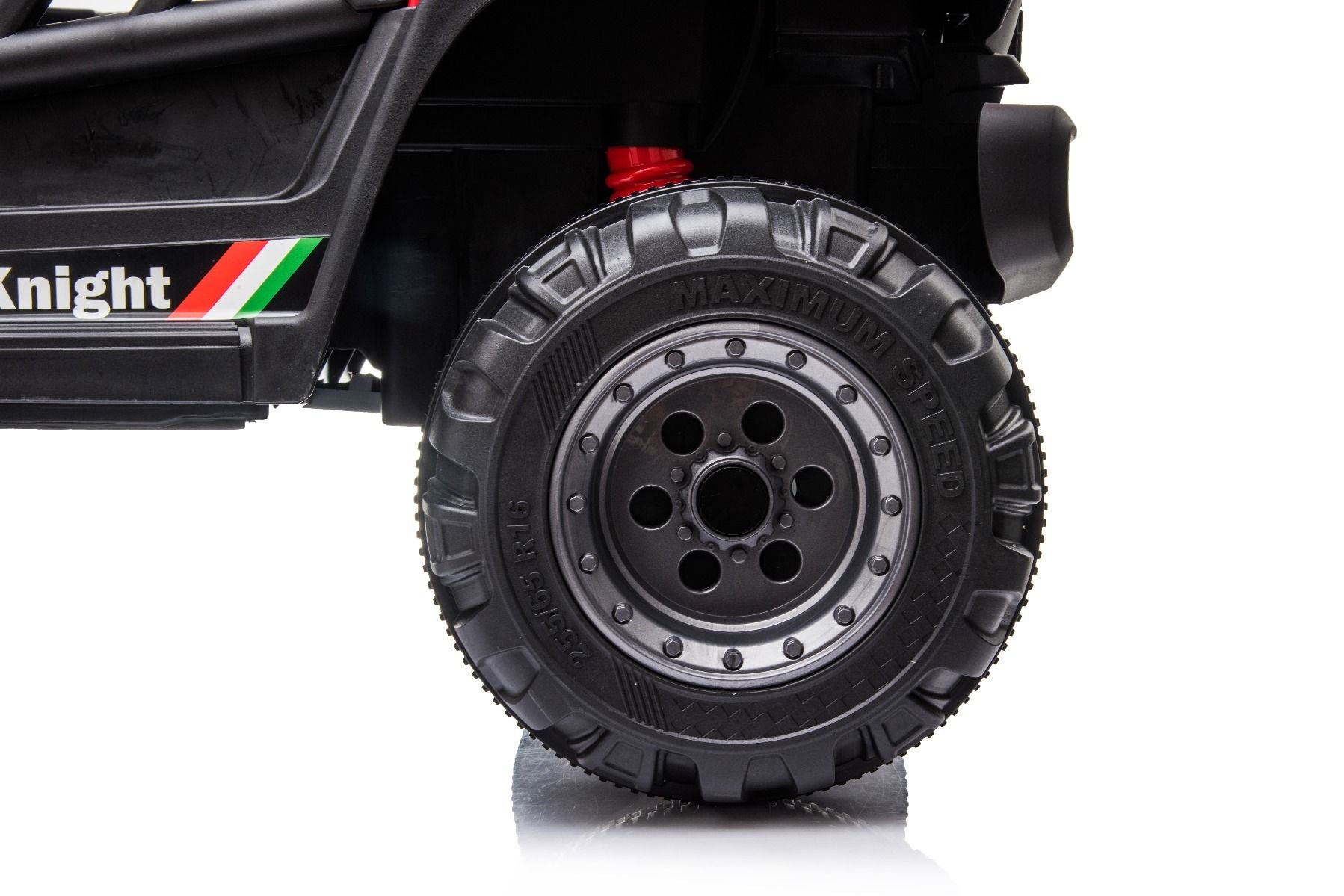 All Ride Elektroauto mit Hinterradantrieb, rot, 12 V Akku, hohes Fahrwerk, breite Sitzbank, Federung an der Hinterachse, 2,4 GHz Fernsteuerung, MP3-Player mit USB, LED-Leuchten, rot