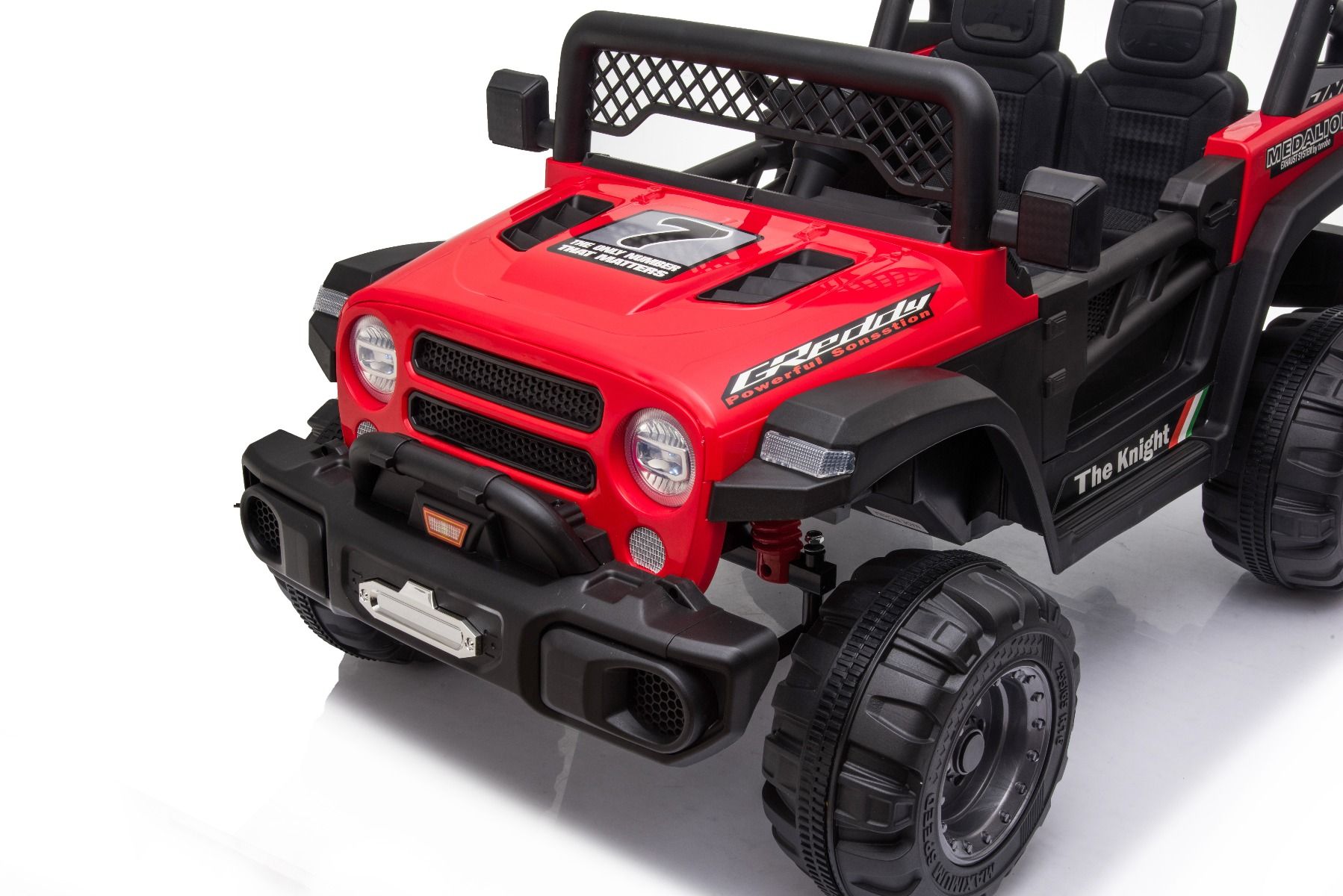 All Ride Elektroauto mit Hinterradantrieb, rot, 12 V Akku, hohes Fahrwerk, breite Sitzbank, Federung an der Hinterachse, 2,4 GHz Fernsteuerung, MP3-Player mit USB, LED-Leuchten, rot