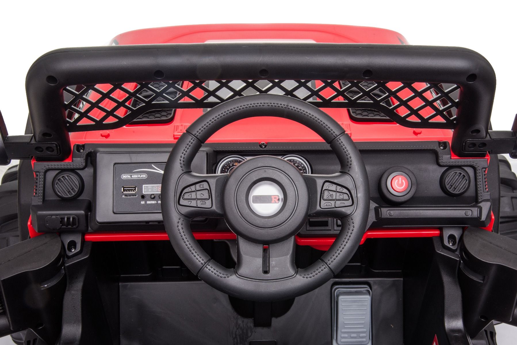 All Ride Elektroauto mit Hinterradantrieb, rot, 12 V Akku, hohes Fahrwerk, breite Sitzbank, Federung an der Hinterachse, 2,4 GHz Fernsteuerung, MP3-Player mit USB, LED-Leuchten, rot