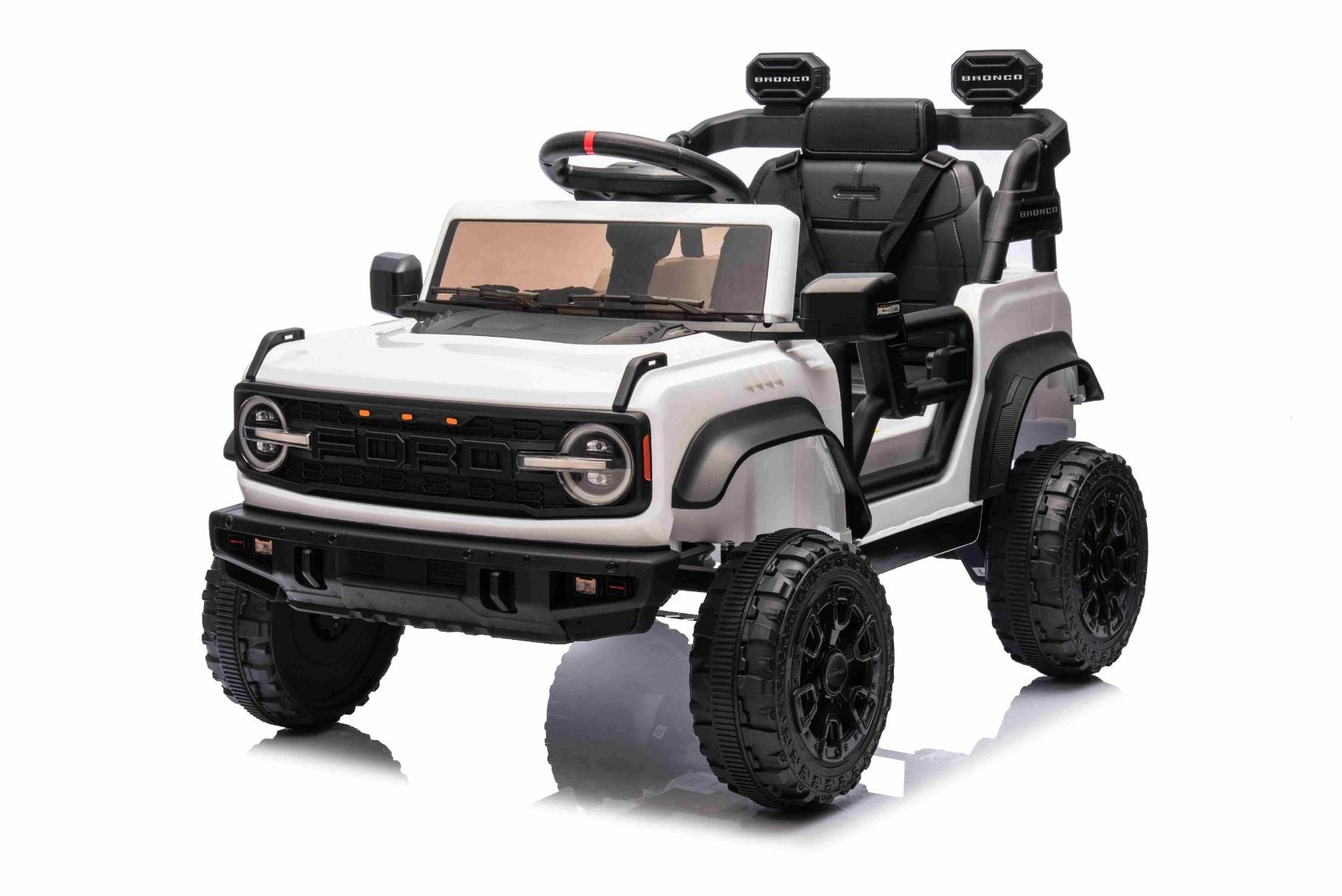 Elektrisches Kinderfahrzeug Ford Bronco mit Hinterradantrieb, lizenziert (Einzelsitzer), Weiß, Lithiumbatterie, hohe Bodenfreiheit, breiter Sitz, Hinterachsfederung, 2,4-GHz-Fernbedienung, MP3-Player mit USB-Anschluss, LED-Beleuchtung