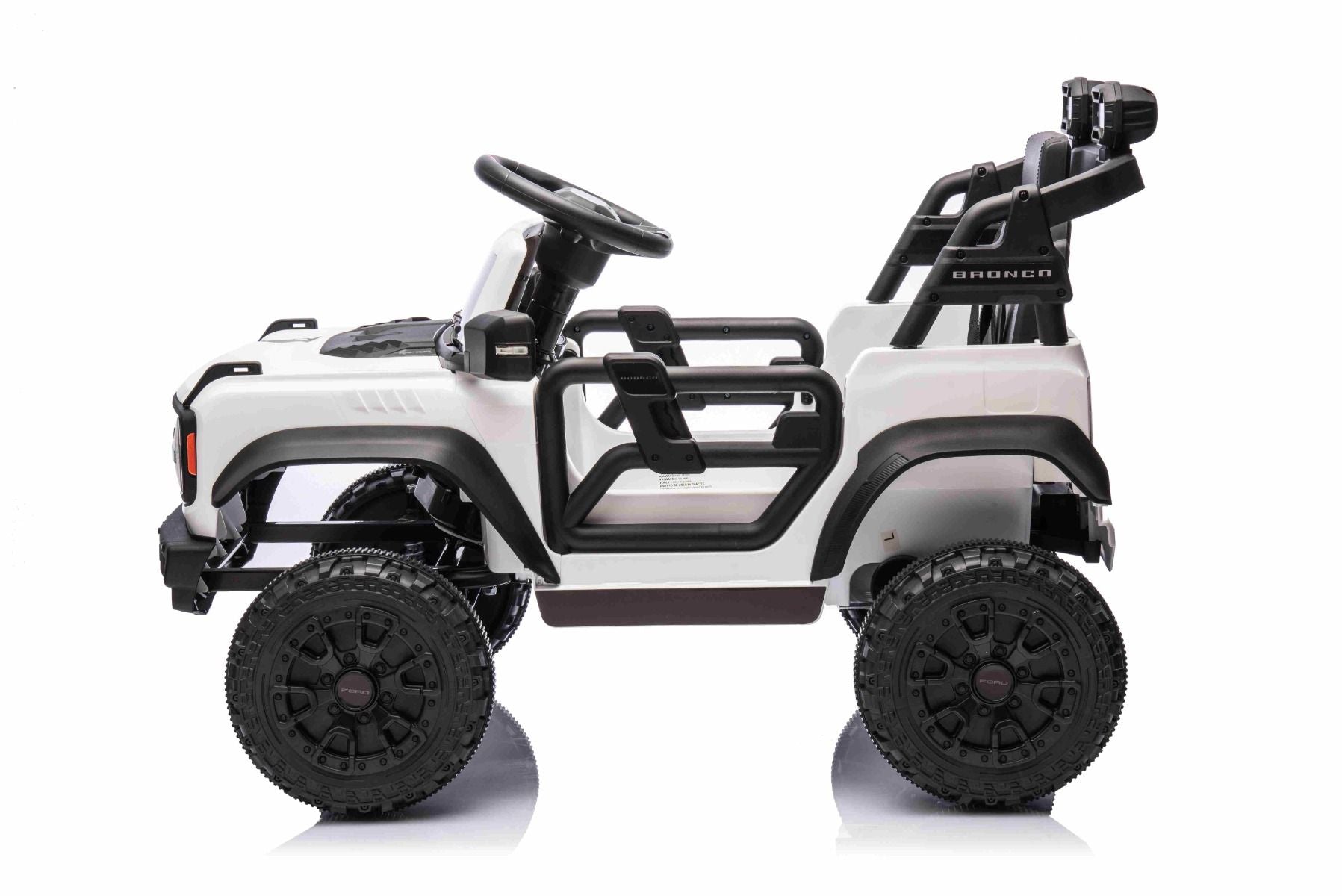 Elektrisches Kinderfahrzeug Ford Bronco mit Hinterradantrieb, lizenziert (Einzelsitzer), Weiß, Lithiumbatterie, hohe Bodenfreiheit, breiter Sitz, Hinterachsfederung, 2,4-GHz-Fernbedienung, MP3-Player mit USB-Anschluss, LED-Beleuchtung