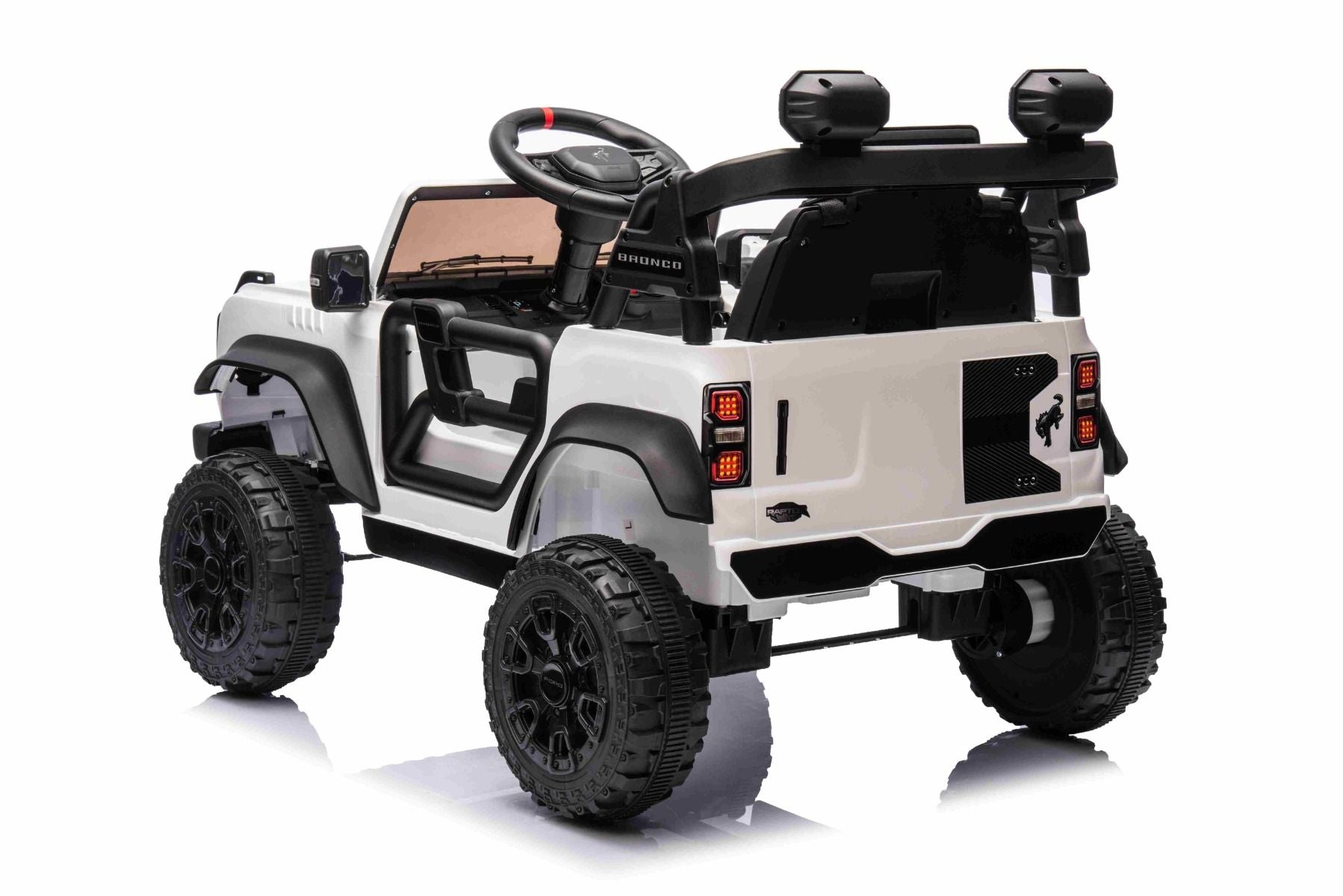 Elektrisches Kinderfahrzeug Ford Bronco mit Hinterradantrieb, lizenziert (Einzelsitzer), Weiß, Lithiumbatterie, hohe Bodenfreiheit, breiter Sitz, Hinterachsfederung, 2,4-GHz-Fernbedienung, MP3-Player mit USB-Anschluss, LED-Beleuchtung