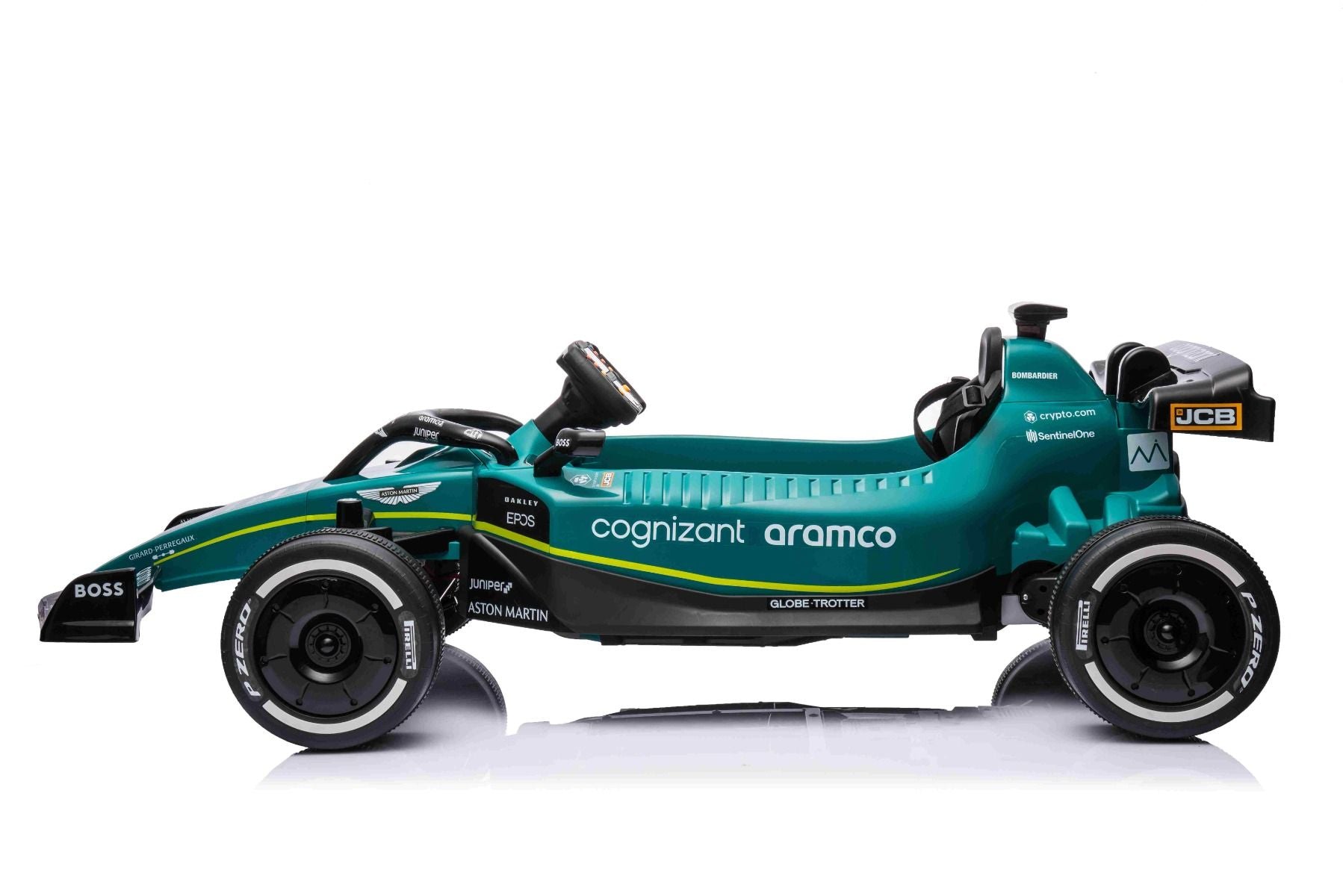 Lizenziertes elektrisches Kinderauto Formula Aston Martin ARAMCO 4x4 , grün, 4 x 35 W Motor, Eva-Räder, MP3-Player mit AUX/USB, Ledersitz, 12 V/10 Ah Batterie, Federung, LED-Leuchten