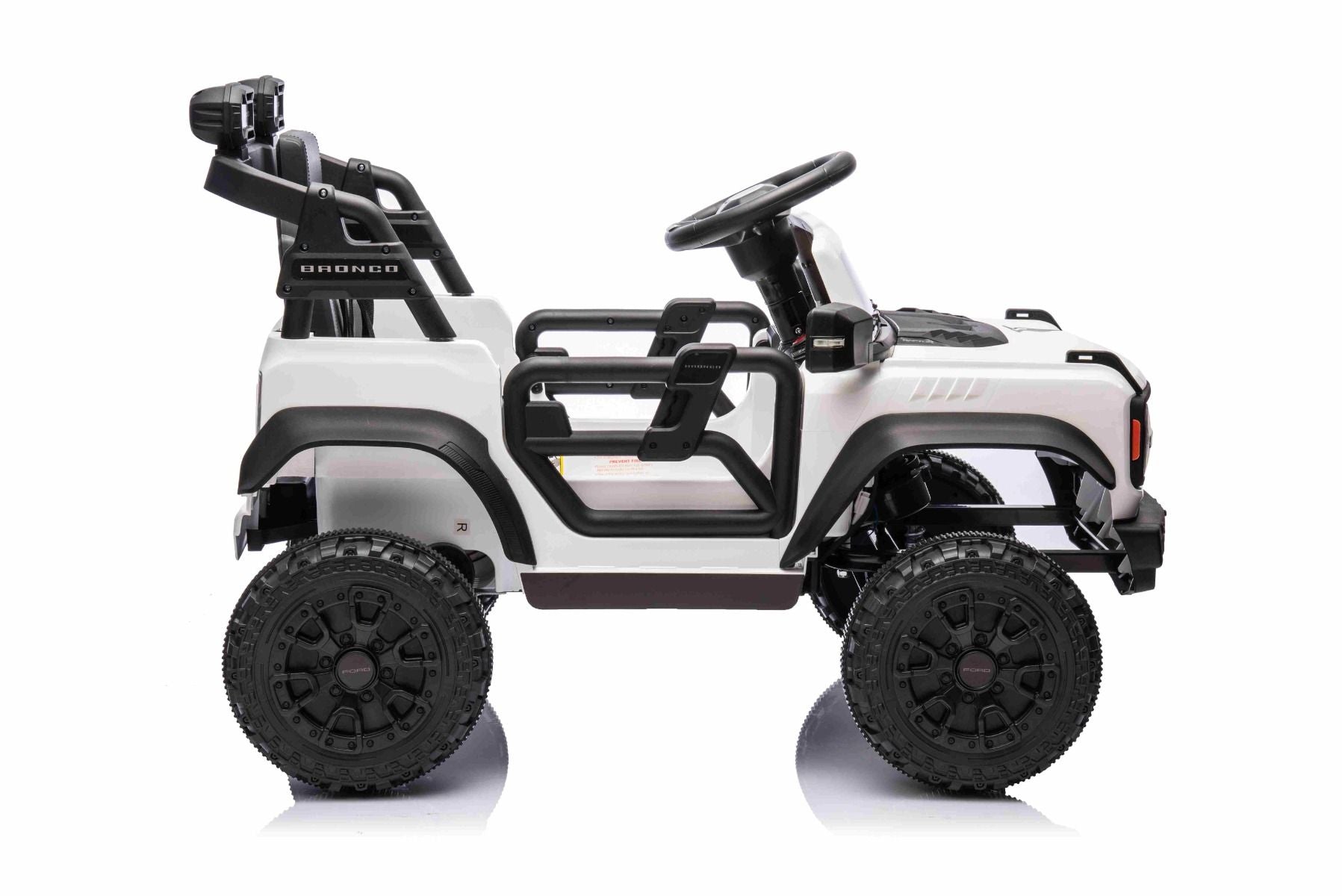 Elektrisches Kinderfahrzeug Ford Bronco mit Hinterradantrieb, lizenziert (Einzelsitzer), Weiß, Lithiumbatterie, hohe Bodenfreiheit, breiter Sitz, Hinterachsfederung, 2,4-GHz-Fernbedienung, MP3-Player mit USB-Anschluss, LED-Beleuchtung