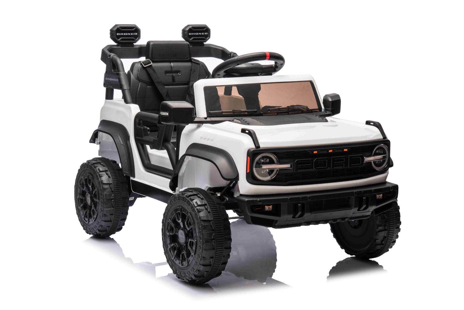 Elektrisches Kinderfahrzeug Ford Bronco mit Hinterradantrieb, lizenziert (Einzelsitzer), Weiß, Lithiumbatterie, hohe Bodenfreiheit, breiter Sitz, Hinterachsfederung, 2,4-GHz-Fernbedienung, MP3-Player mit USB-Anschluss, LED-Beleuchtung