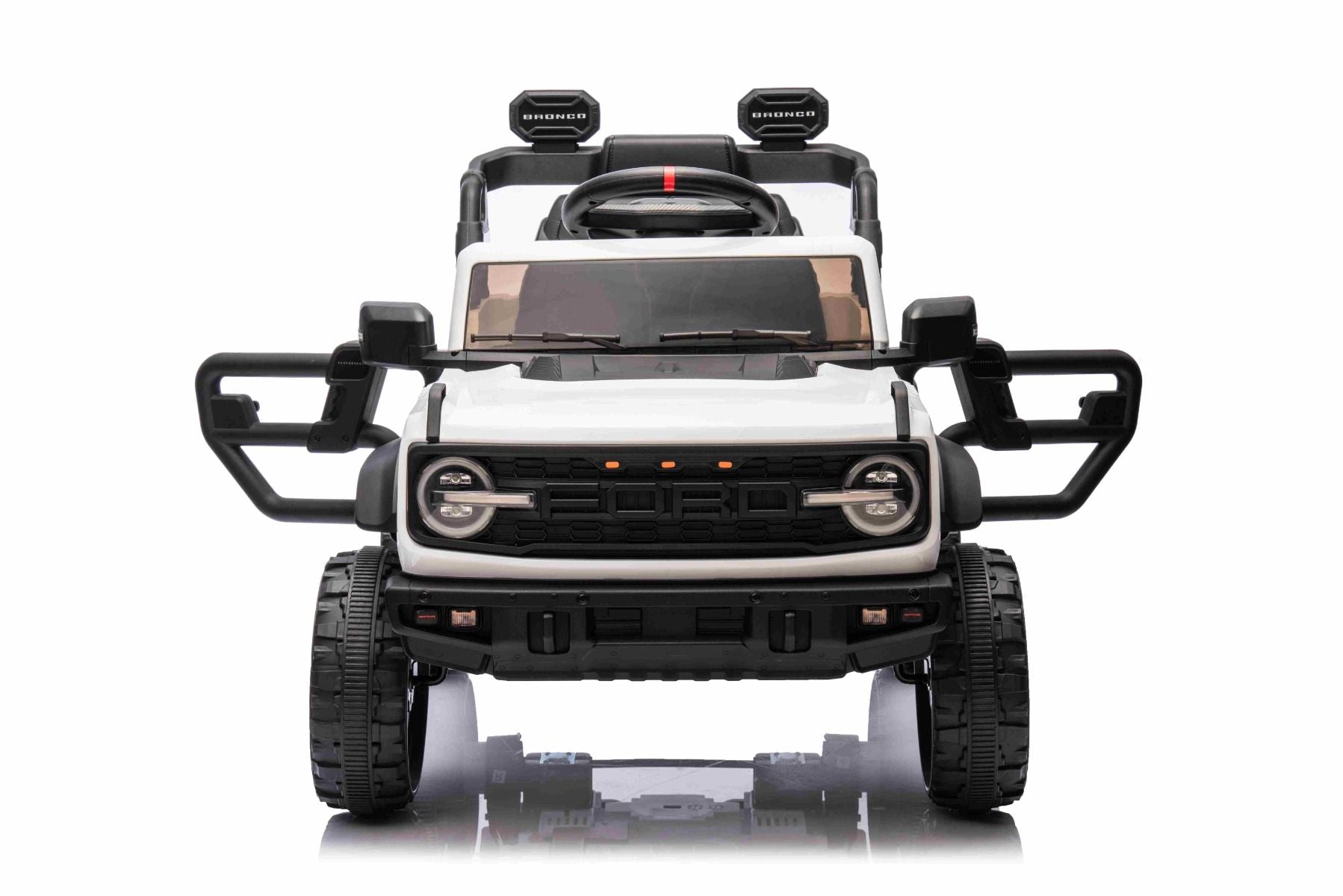 Elektrisches Kinderfahrzeug Ford Bronco mit Hinterradantrieb, lizenziert (Einzelsitzer), Weiß, Lithiumbatterie, hohe Bodenfreiheit, breiter Sitz, Hinterachsfederung, 2,4-GHz-Fernbedienung, MP3-Player mit USB-Anschluss, LED-Beleuchtung