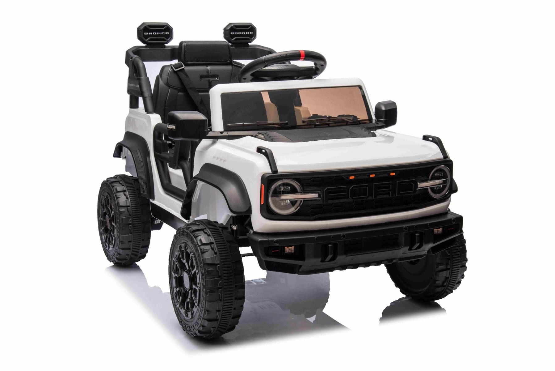 Elektrisches Kinderfahrzeug Ford Bronco mit Hinterradantrieb, lizenziert (Einzelsitzer), Weiß, Lithiumbatterie, hohe Bodenfreiheit, breiter Sitz, Hinterachsfederung, 2,4-GHz-Fernbedienung, MP3-Player mit USB-Anschluss, LED-Beleuchtung