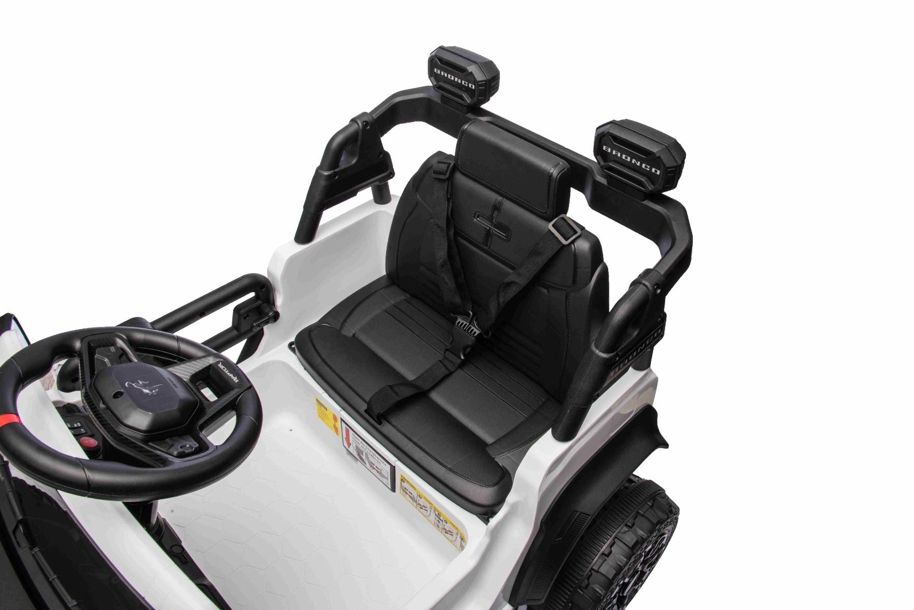 Elektrisches Kinderfahrzeug Ford Bronco mit Hinterradantrieb, lizenziert (Einzelsitzer), Weiß, Lithiumbatterie, hohe Bodenfreiheit, breiter Sitz, Hinterachsfederung, 2,4-GHz-Fernbedienung, MP3-Player mit USB-Anschluss, LED-Beleuchtung