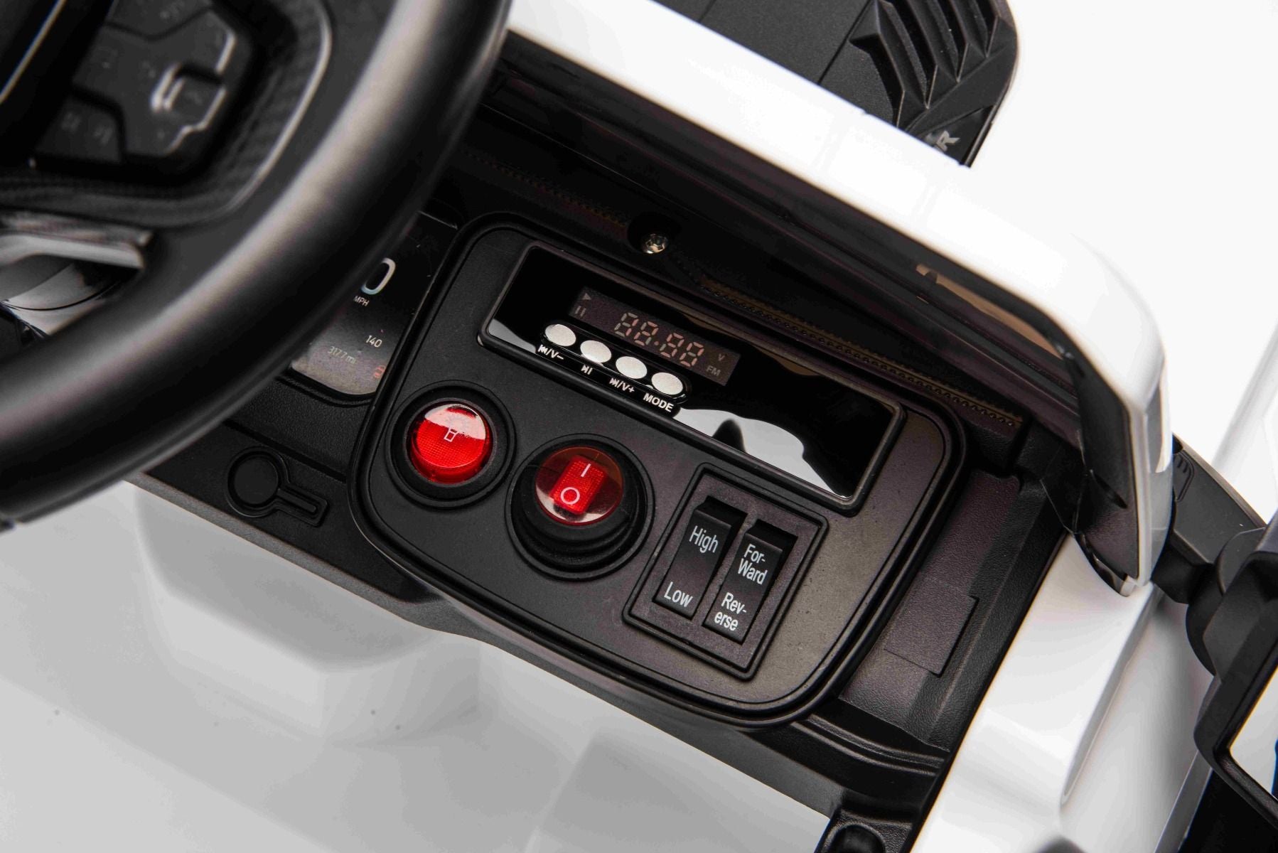 Elektrisches Kinderfahrzeug Ford Bronco mit Hinterradantrieb, lizenziert (Einzelsitzer), Weiß, Lithiumbatterie, hohe Bodenfreiheit, breiter Sitz, Hinterachsfederung, 2,4-GHz-Fernbedienung, MP3-Player mit USB-Anschluss, LED-Beleuchtung