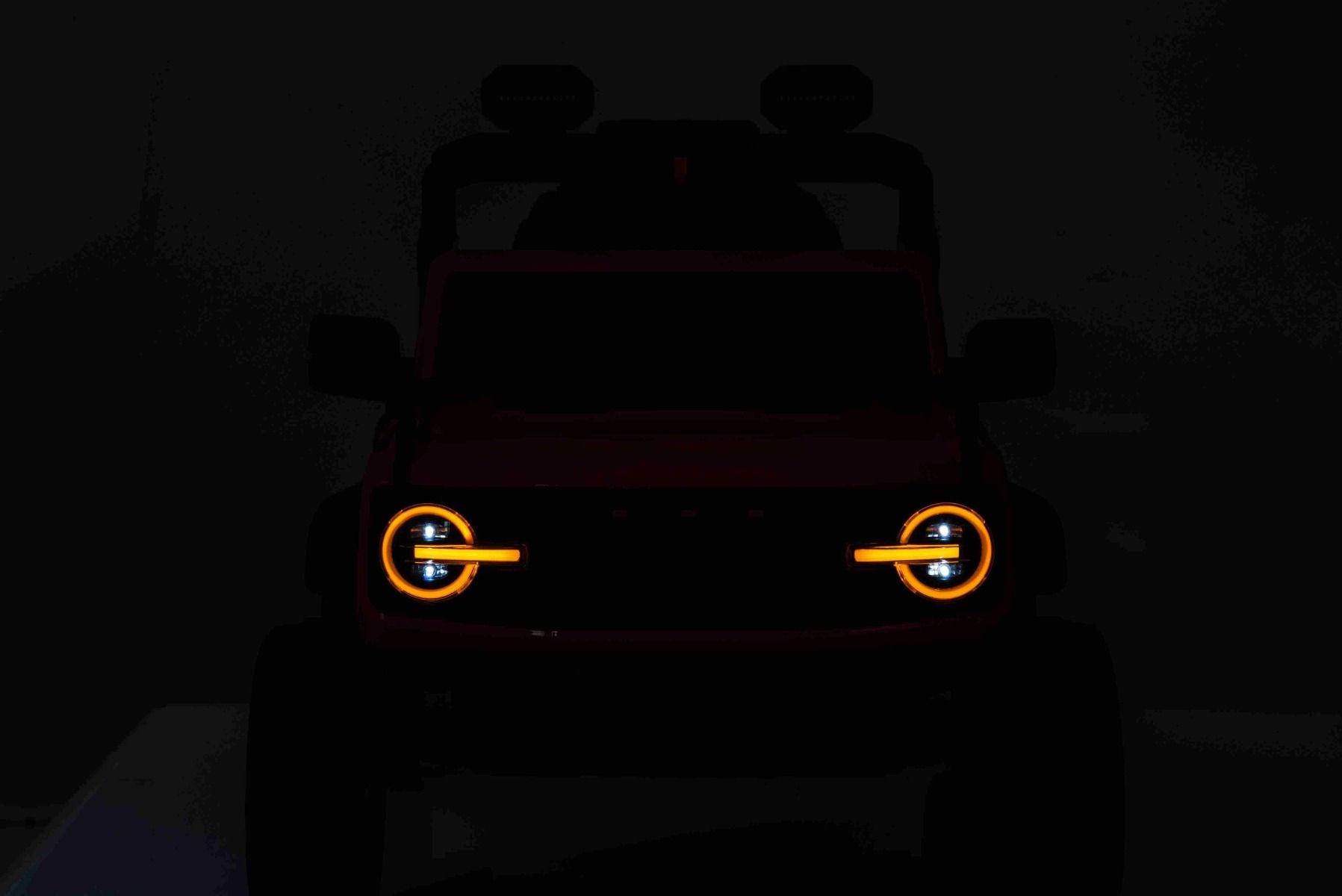 Elektrisches Kinderfahrzeug Ford Bronco mit Hinterradantrieb, lizenziert (Einzelsitzer), Rot, Lithiumbatterie, hohe Bodenfreiheit, breiter Sitz, Hinterachsfederung, 2,4-GHz-Fernbedienung, MP3-Player mit USB-Anschluss, LED-Beleuchtung