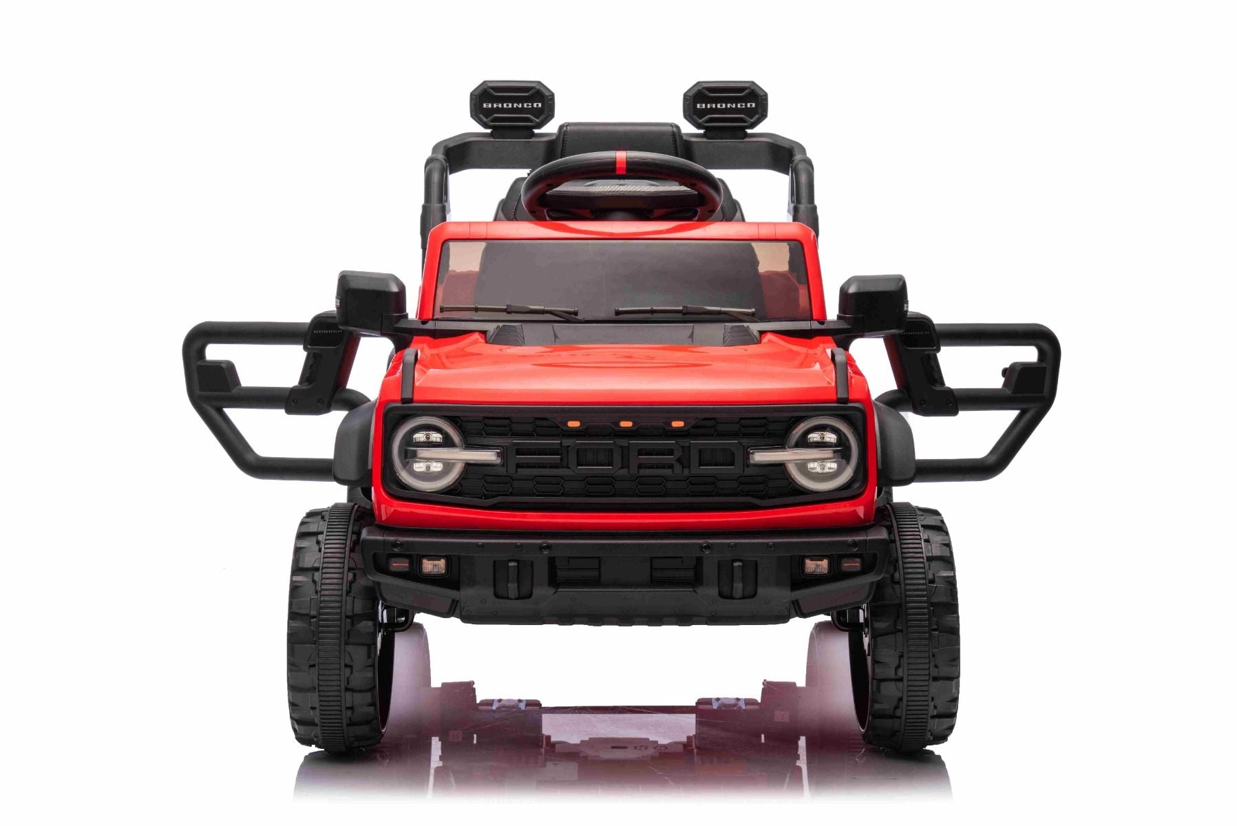 Elektrisches Kinderfahrzeug Ford Bronco mit Hinterradantrieb, lizenziert (Einzelsitzer), Rot, Lithiumbatterie, hohe Bodenfreiheit, breiter Sitz, Hinterachsfederung, 2,4-GHz-Fernbedienung, MP3-Player mit USB-Anschluss, LED-Beleuchtung