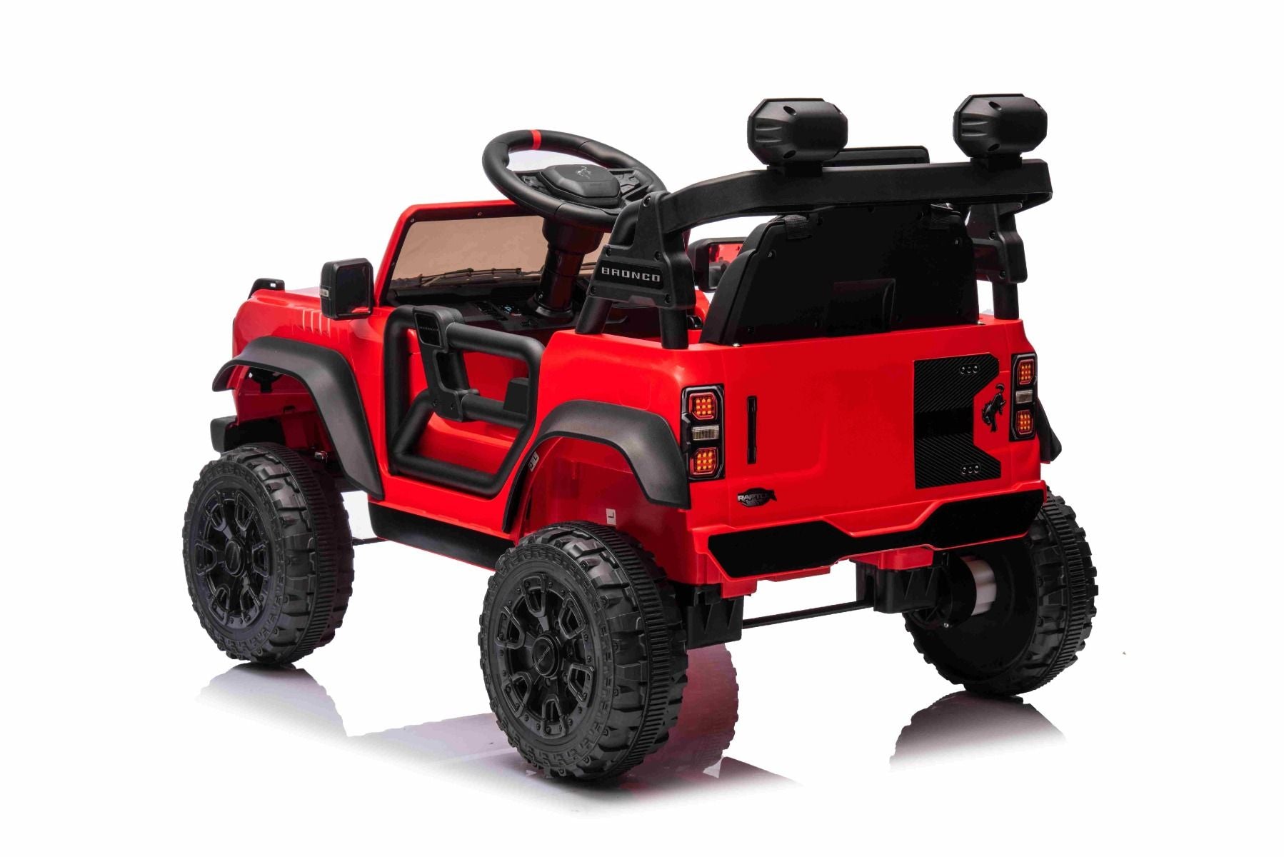 Elektrisches Kinderfahrzeug Ford Bronco mit Hinterradantrieb, lizenziert (Einzelsitzer), Rot, Lithiumbatterie, hohe Bodenfreiheit, breiter Sitz, Hinterachsfederung, 2,4-GHz-Fernbedienung, MP3-Player mit USB-Anschluss, LED-Beleuchtung