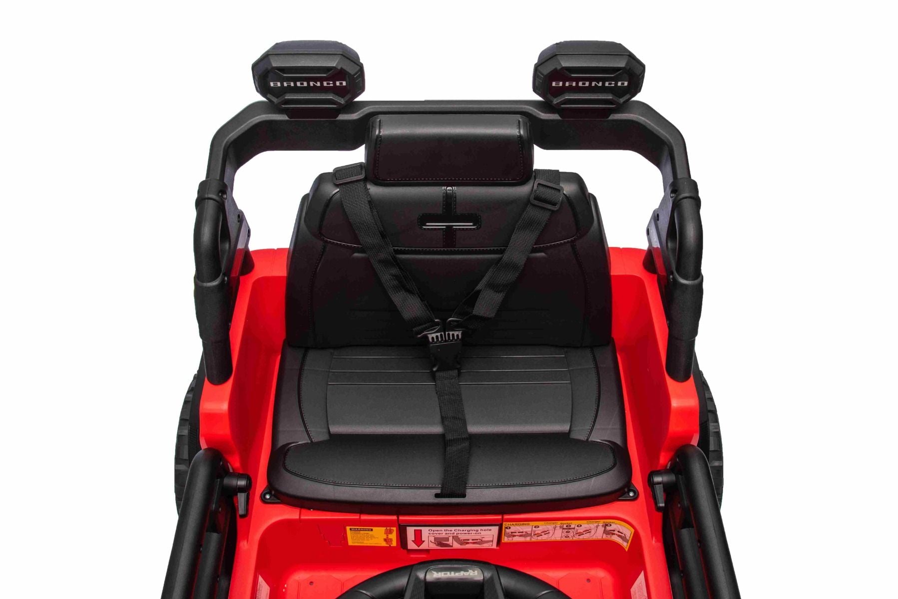 Elektrisches Kinderfahrzeug Ford Bronco mit Hinterradantrieb, lizenziert (Einzelsitzer), Rot, Lithiumbatterie, hohe Bodenfreiheit, breiter Sitz, Hinterachsfederung, 2,4-GHz-Fernbedienung, MP3-Player mit USB-Anschluss, LED-Beleuchtung