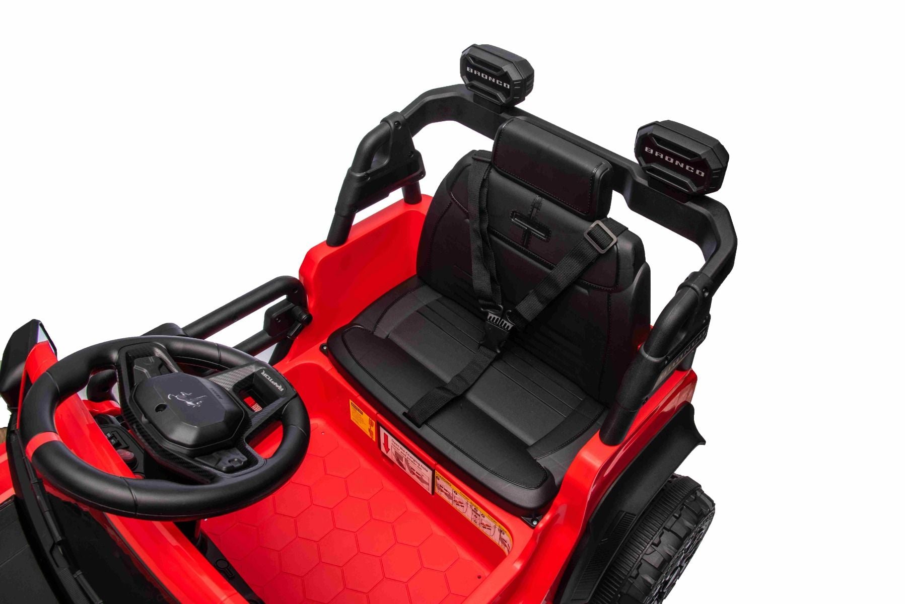 Elektrisches Kinderfahrzeug Ford Bronco mit Hinterradantrieb, lizenziert (Einzelsitzer), Rot, Lithiumbatterie, hohe Bodenfreiheit, breiter Sitz, Hinterachsfederung, 2,4-GHz-Fernbedienung, MP3-Player mit USB-Anschluss, LED-Beleuchtung