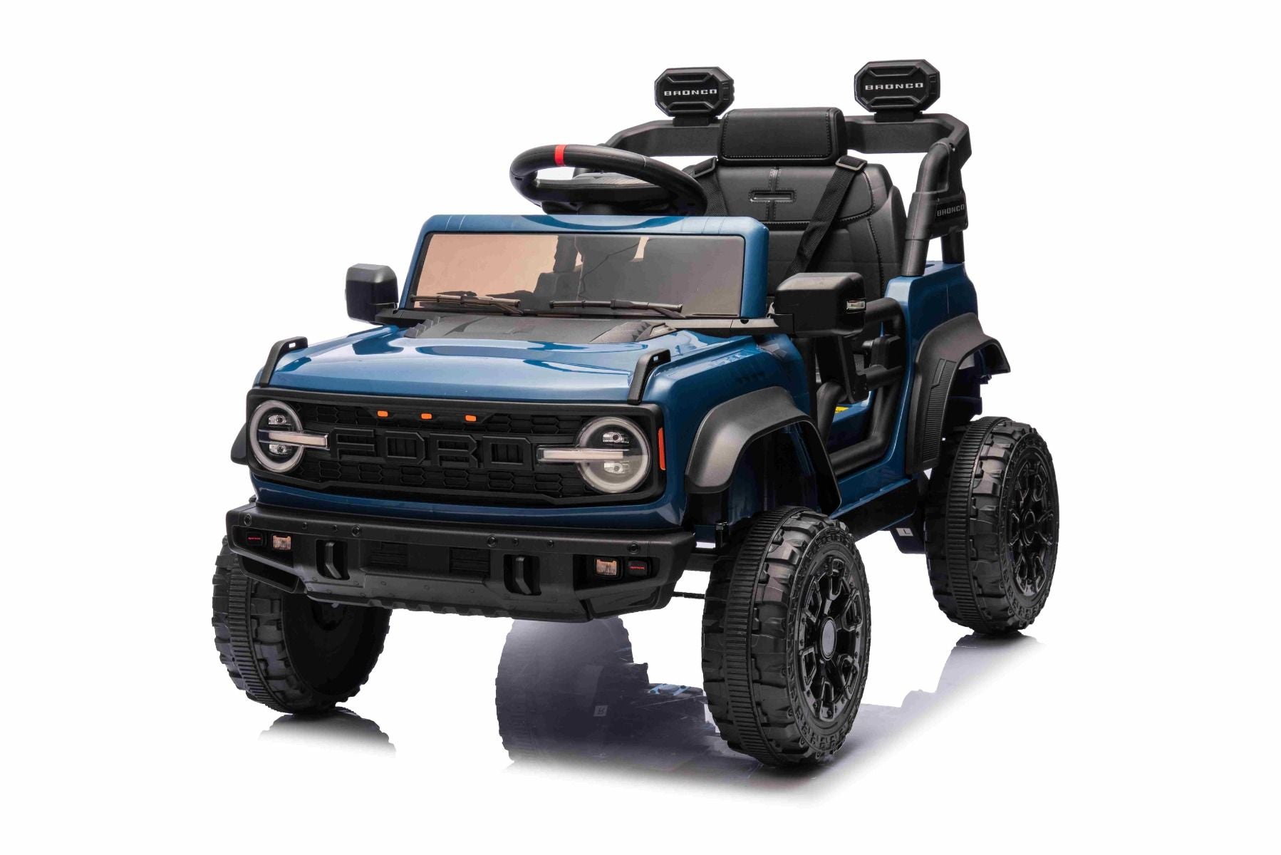 Elektrisches Kinderfahrzeug Ford Bronco mit Hinterradantrieb, lizenziert (Einzelsitzer), Blau, Lithiumbatterie, hohe Bodenfreiheit, breiter Sitz, Hinterachsfederung, 2,4-GHz-Fernbedienung, MP3-Player mit USB-Anschluss, LED-Beleuchtung