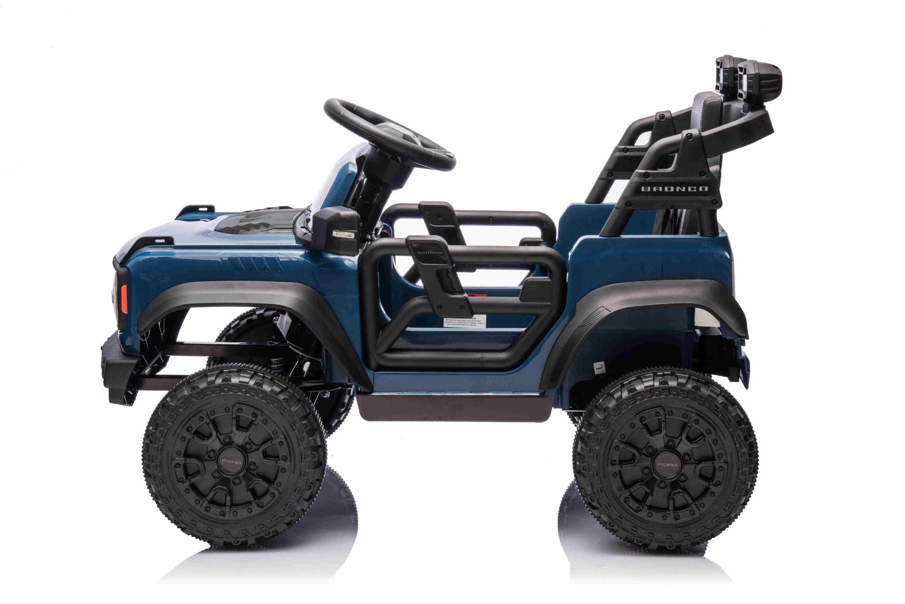 Elektrisches Kinderfahrzeug Ford Bronco mit Hinterradantrieb, lizenziert (Einzelsitzer), Blau, Lithiumbatterie, hohe Bodenfreiheit, breiter Sitz, Hinterachsfederung, 2,4-GHz-Fernbedienung, MP3-Player mit USB-Anschluss, LED-Beleuchtung