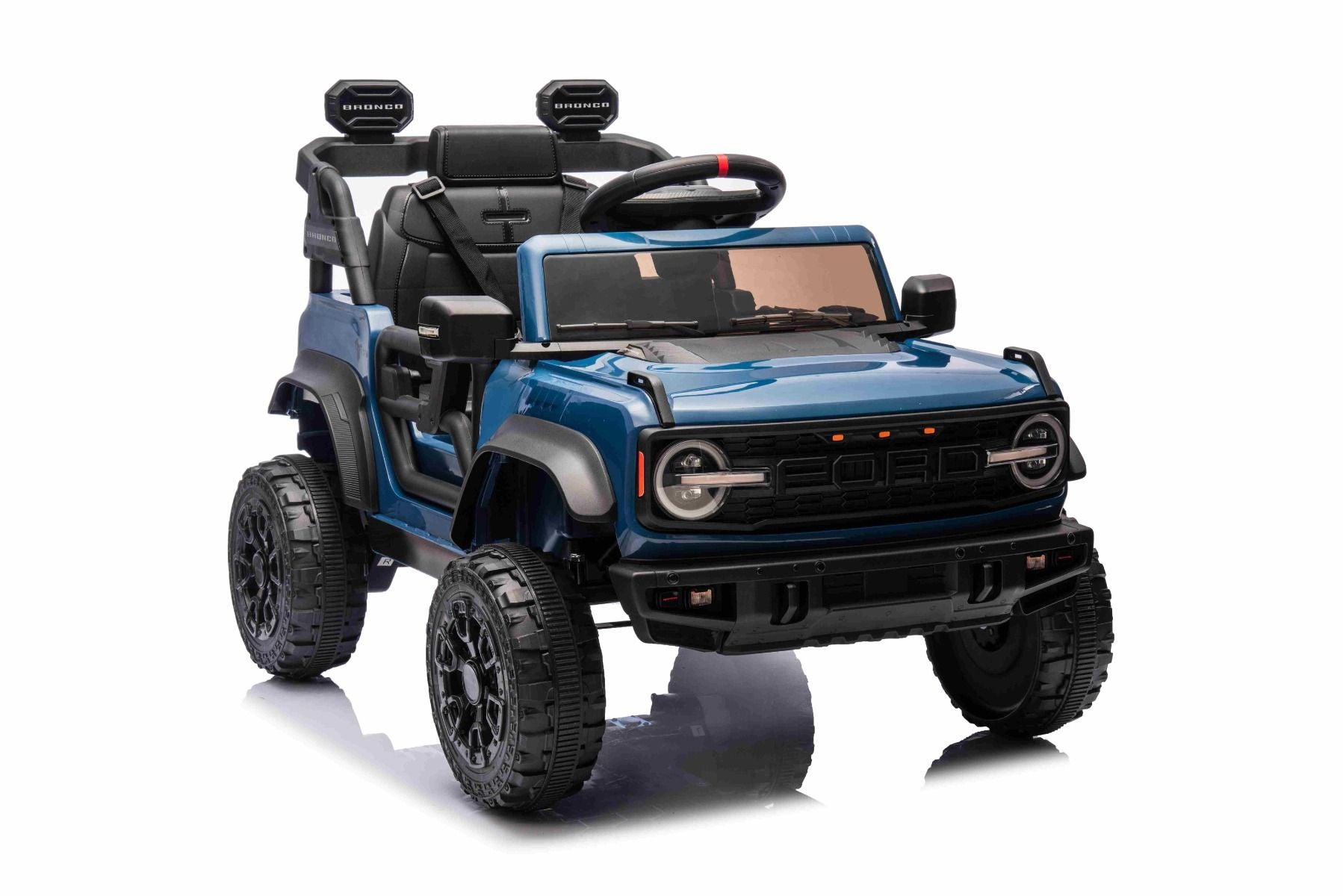 Elektrisches Kinderfahrzeug Ford Bronco mit Hinterradantrieb, lizenziert (Einzelsitzer), Blau, Lithiumbatterie, hohe Bodenfreiheit, breiter Sitz, Hinterachsfederung, 2,4-GHz-Fernbedienung, MP3-Player mit USB-Anschluss, LED-Beleuchtung