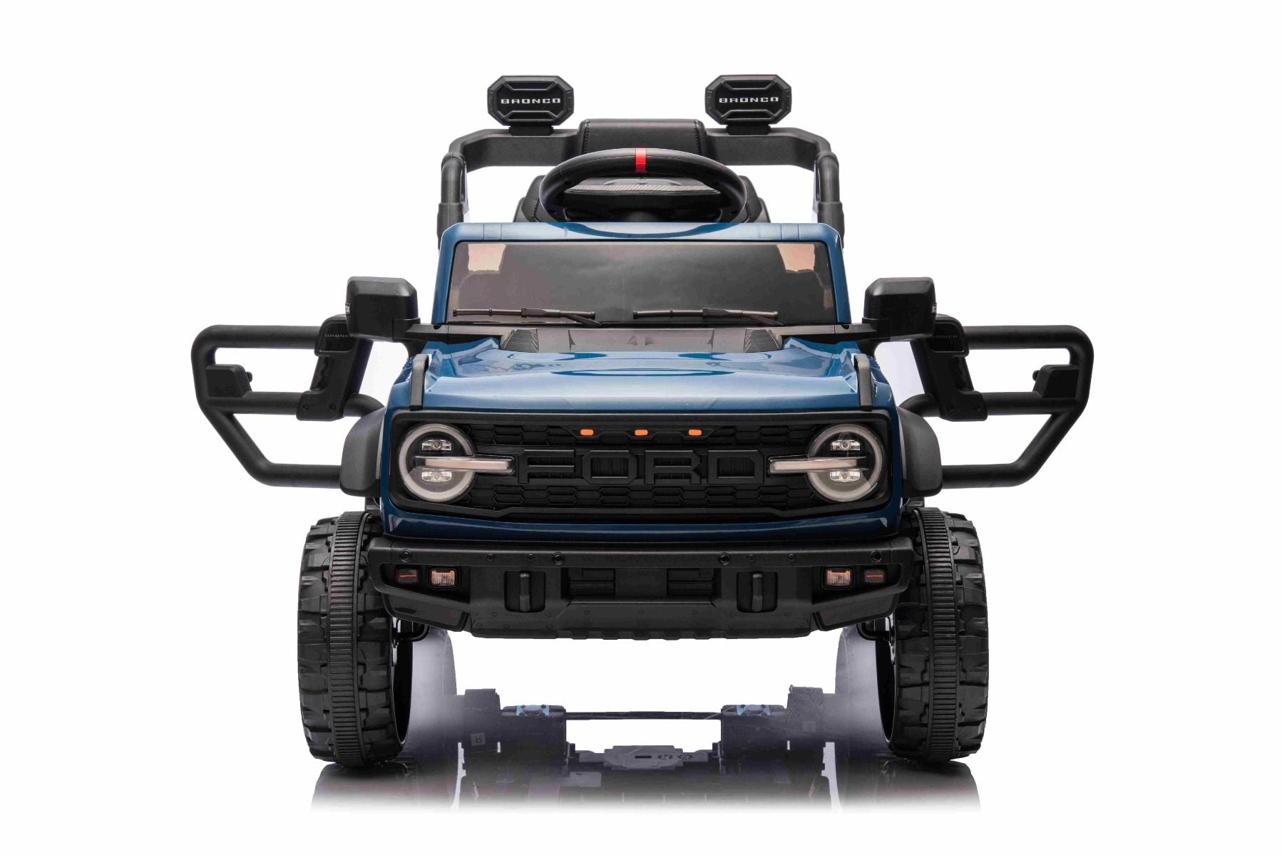 Elektrisches Kinderfahrzeug Ford Bronco mit Hinterradantrieb, lizenziert (Einzelsitzer), Blau, Lithiumbatterie, hohe Bodenfreiheit, breiter Sitz, Hinterachsfederung, 2,4-GHz-Fernbedienung, MP3-Player mit USB-Anschluss, LED-Beleuchtung