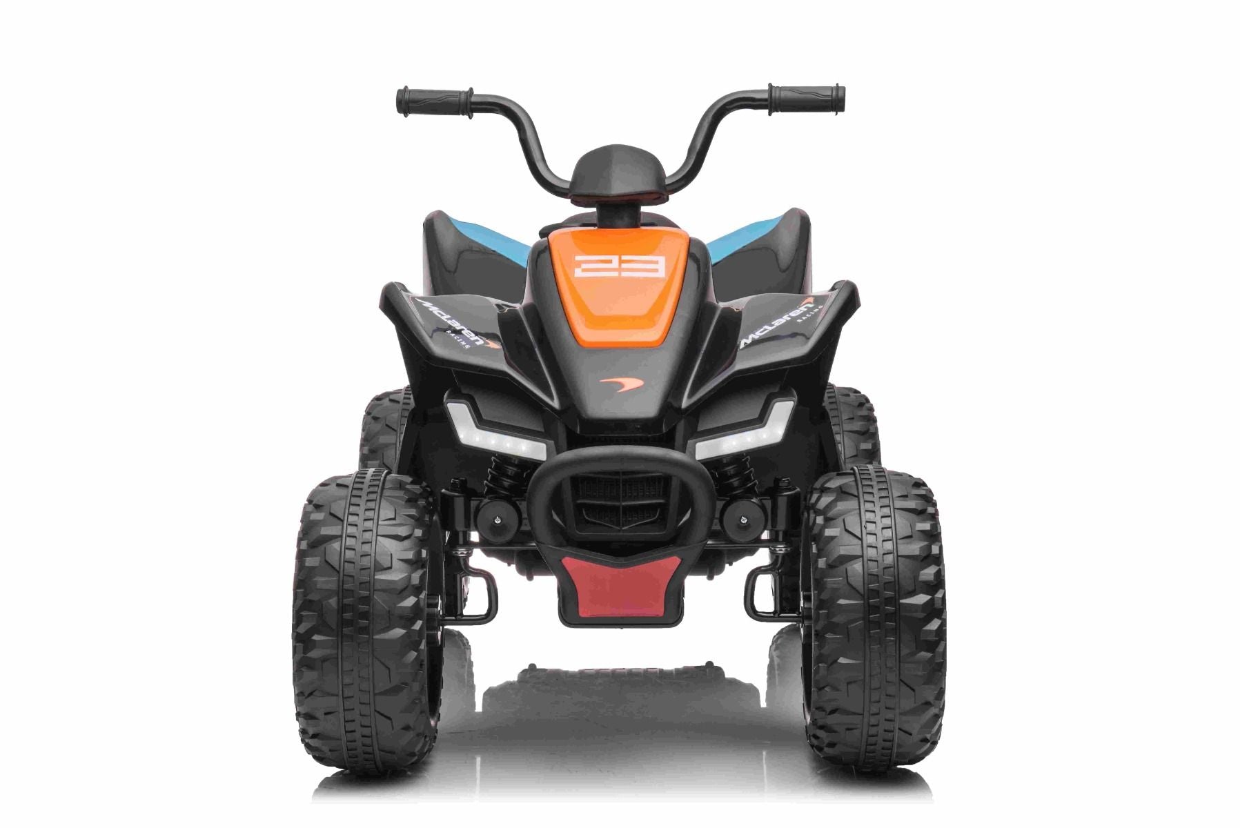 Lizenziertes elektrisches Aufsitz-Quad McLaren Racing MCL 12V 4X4, schwarz, weiche EVA-Räder, FERNBEDIENUNG, Kunstledersitz, Hinterradaufhängung, 4 x 35 W Motor, LED-Leuchten, 12 V 10 Ah Batterie