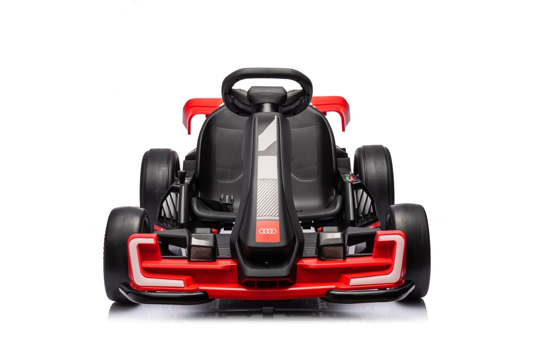 Lizenziertes Aufsitz-Driftkart AUDI 24 V, rot, LED-Beleuchtung, 2 x 150 W Motor, Driftmodus mit einer Geschwindigkeit von 12 km/h, 24 V Batterie, solide Stahlkonstruktion, verstellbarer Sitz, MP3-Player