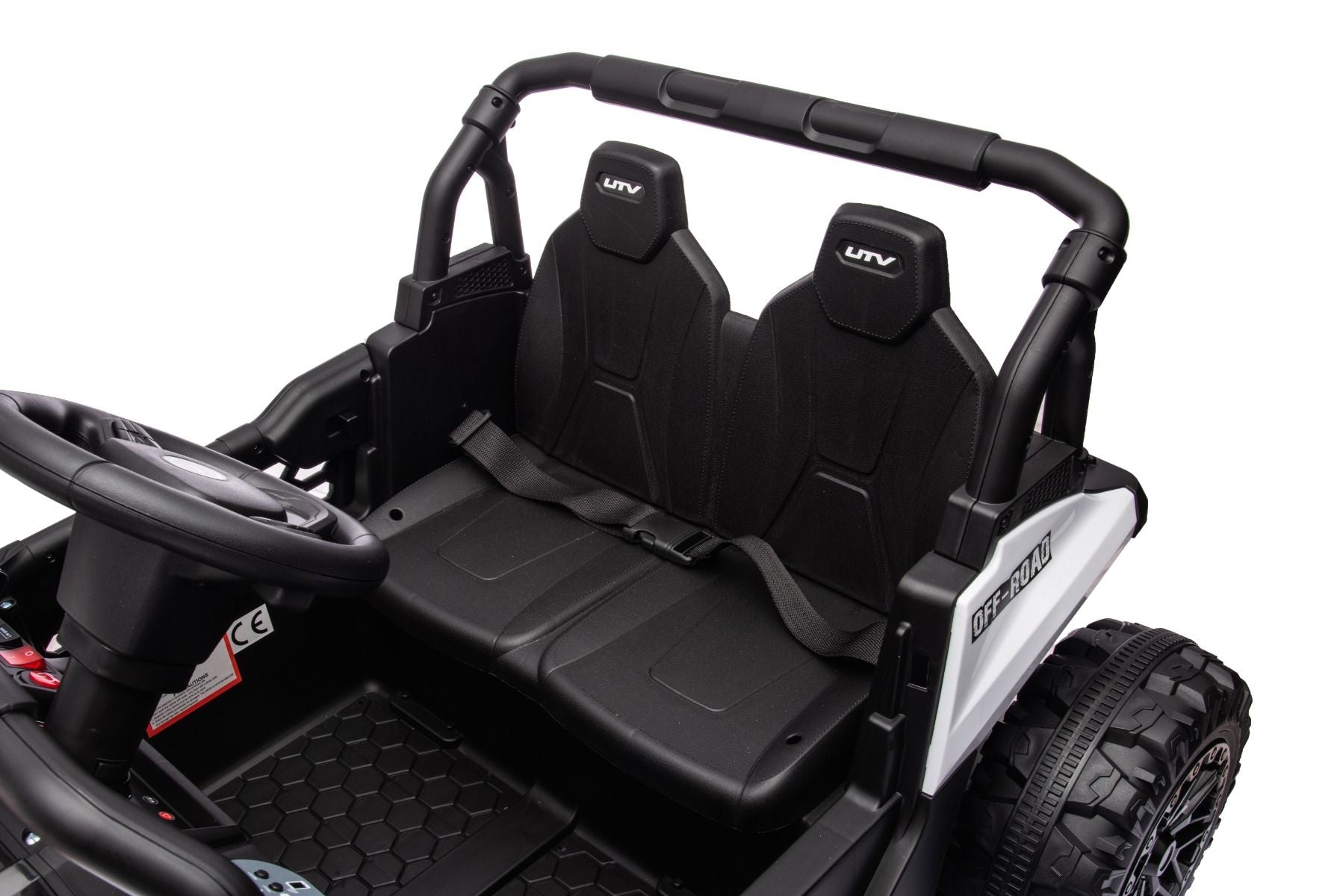 Elektrisches Aufsitzauto UTV Small 12V, weiß, Hinterradantrieb, 12V Batterie, Kunststoffräder, Breiter Doppelsitz für nur ein Kind, 2,4 GHz Fernbedienung, MP3-Player mit USB/SD-Eingang, LED-Leuchten