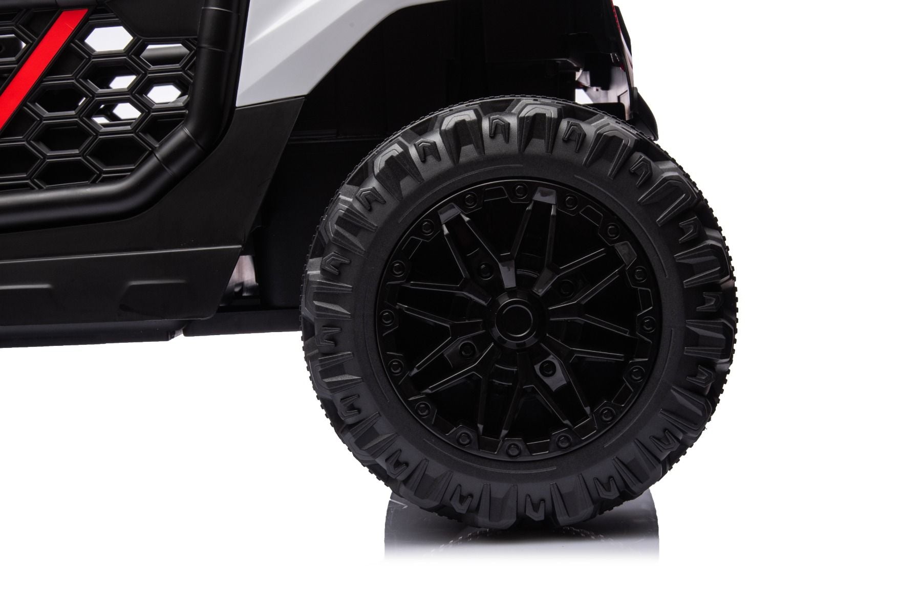 Elektrisches Aufsitzauto UTV Small 12V, weiß, Hinterradantrieb, 12V Batterie, Kunststoffräder, Breiter Doppelsitz für nur ein Kind, 2,4 GHz Fernbedienung, MP3-Player mit USB/SD-Eingang, LED-Leuchten