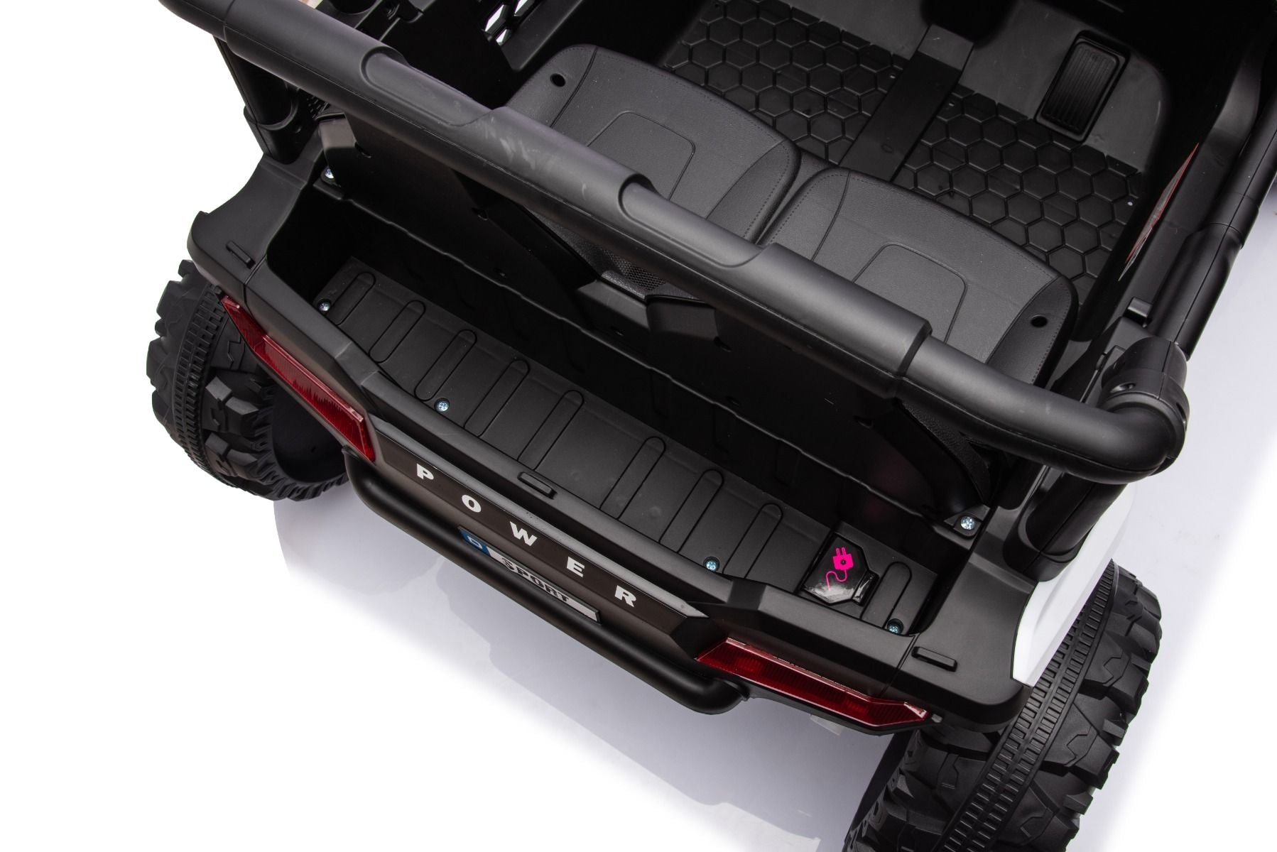 Elektrisches Aufsitzauto UTV Small 12V, weiß, Hinterradantrieb, 12V Batterie, Kunststoffräder, Breiter Doppelsitz für nur ein Kind, 2,4 GHz Fernbedienung, MP3-Player mit USB/SD-Eingang, LED-Leuchten