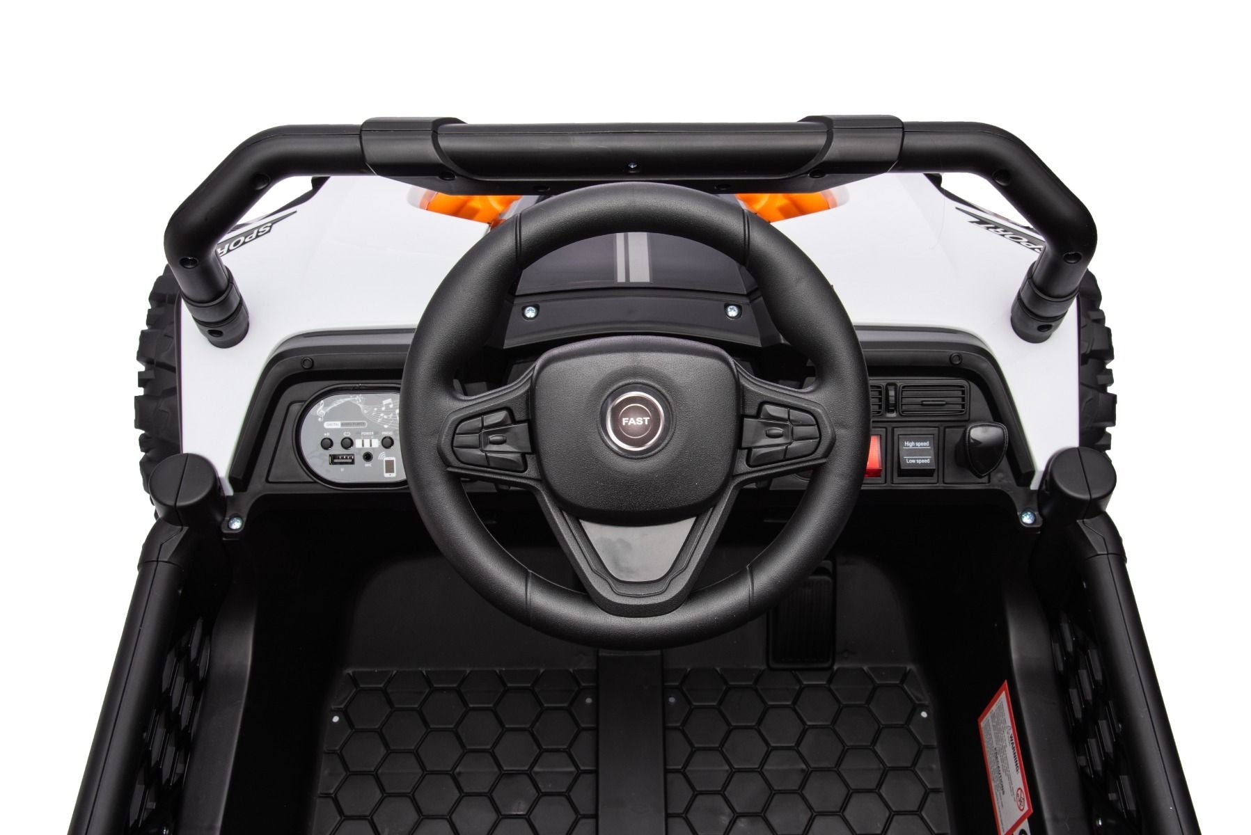 Elektrisches Aufsitzauto UTV Small 12V, weiß, Hinterradantrieb, 12V Batterie, Kunststoffräder, Breiter Doppelsitz für nur ein Kind, 2,4 GHz Fernbedienung, MP3-Player mit USB/SD-Eingang, LED-Leuchten