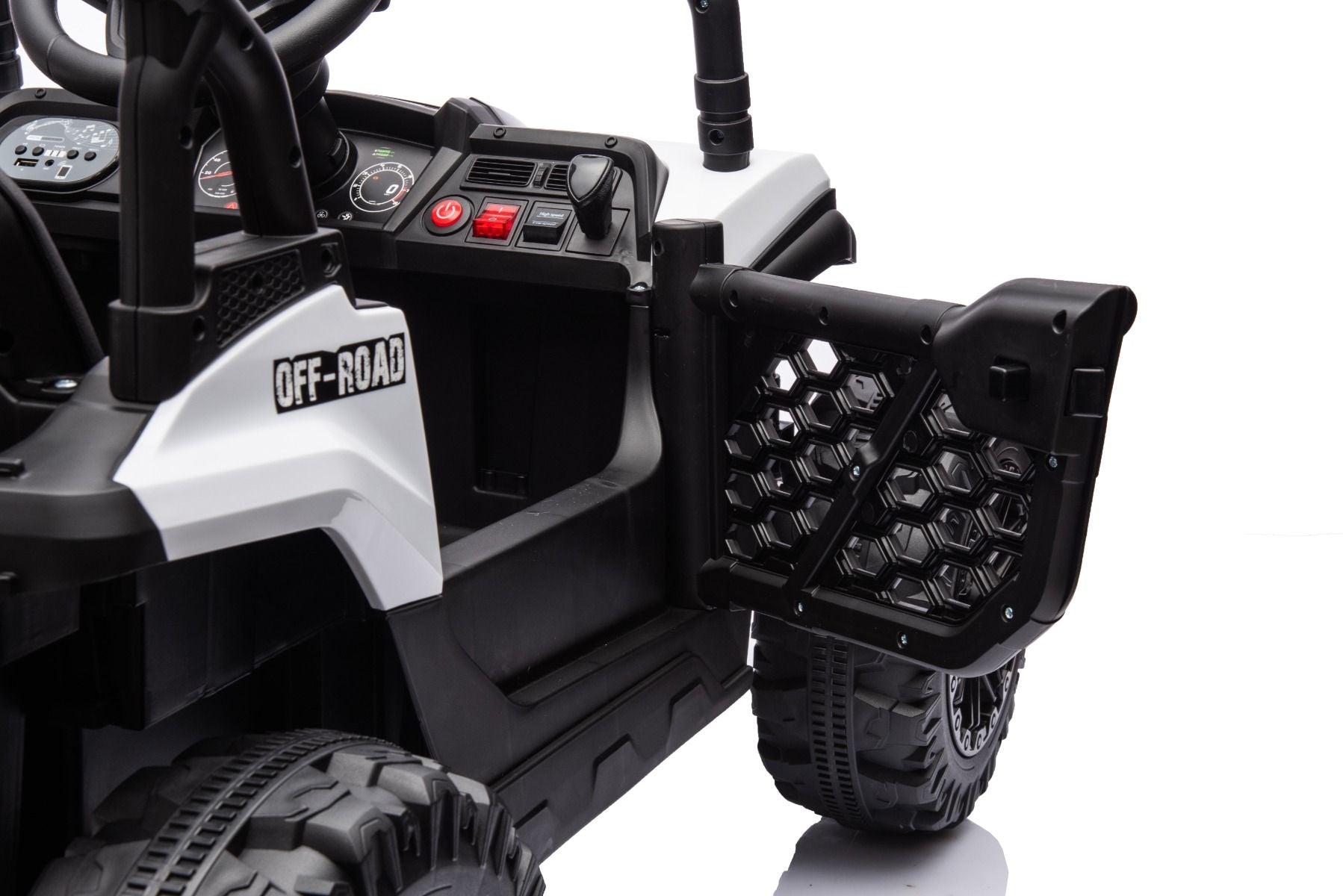 Elektrisches Aufsitzauto UTV Small 12V, weiß, Hinterradantrieb, 12V Batterie, Kunststoffräder, Breiter Doppelsitz für nur ein Kind, 2,4 GHz Fernbedienung, MP3-Player mit USB/SD-Eingang, LED-Leuchten