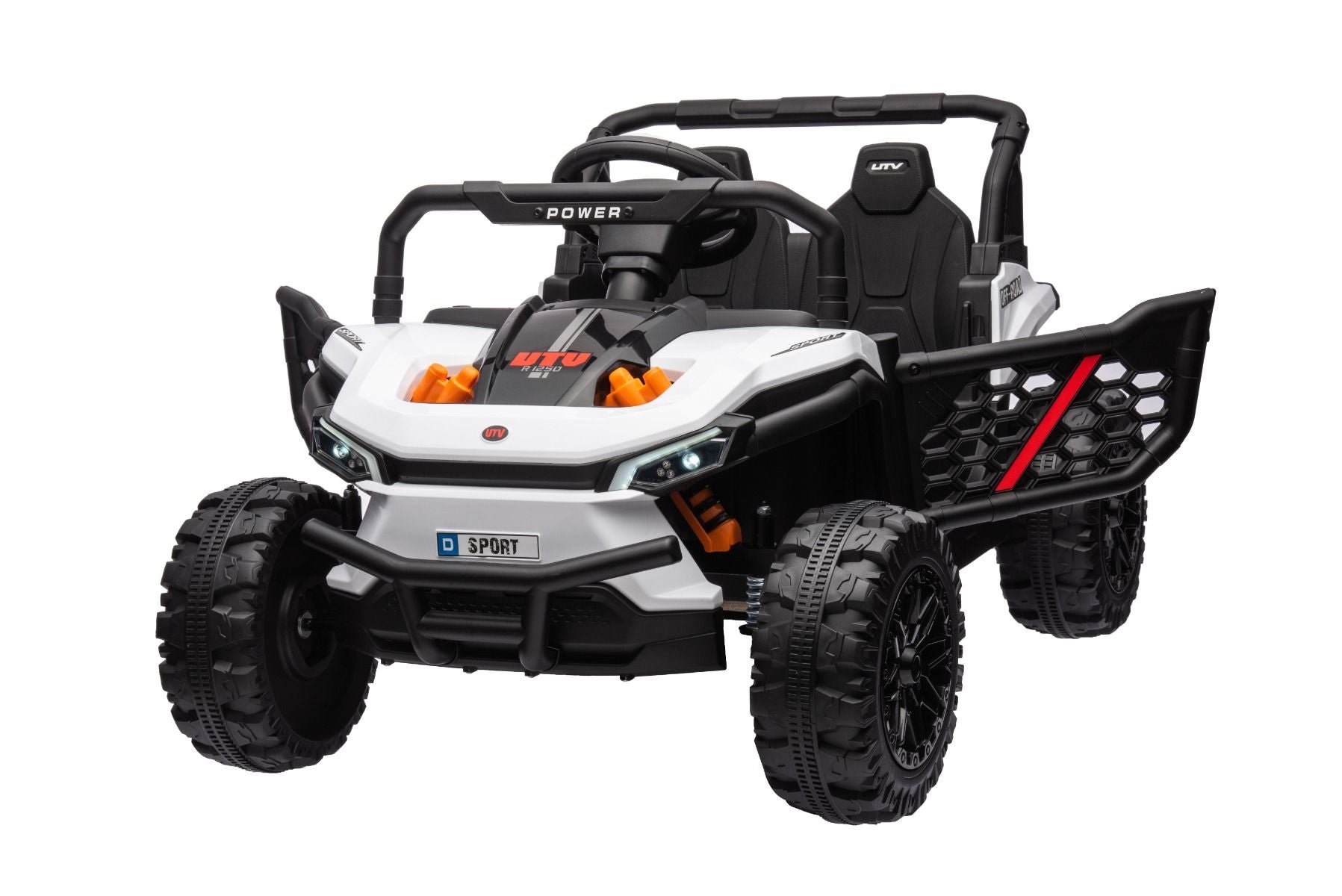 Elektrisches Aufsitzauto UTV Small 12V, weiß, Hinterradantrieb, 12V Batterie, Kunststoffräder, Breiter Doppelsitz für nur ein Kind, 2,4 GHz Fernbedienung, MP3-Player mit USB/SD-Eingang, LED-Leuchten