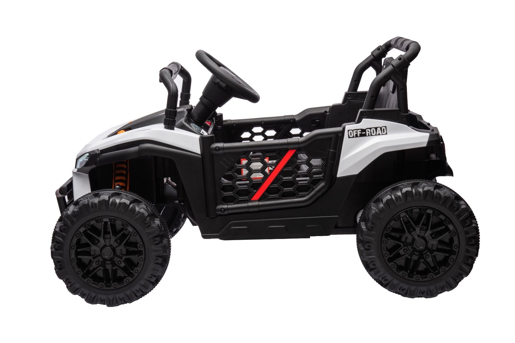 Elektrisches Aufsitzauto UTV Small 12V, weiß, Hinterradantrieb, 12V Batterie, Kunststoffräder, Breiter Doppelsitz für nur ein Kind, 2,4 GHz Fernbedienung, MP3-Player mit USB/SD-Eingang, LED-Leuchten