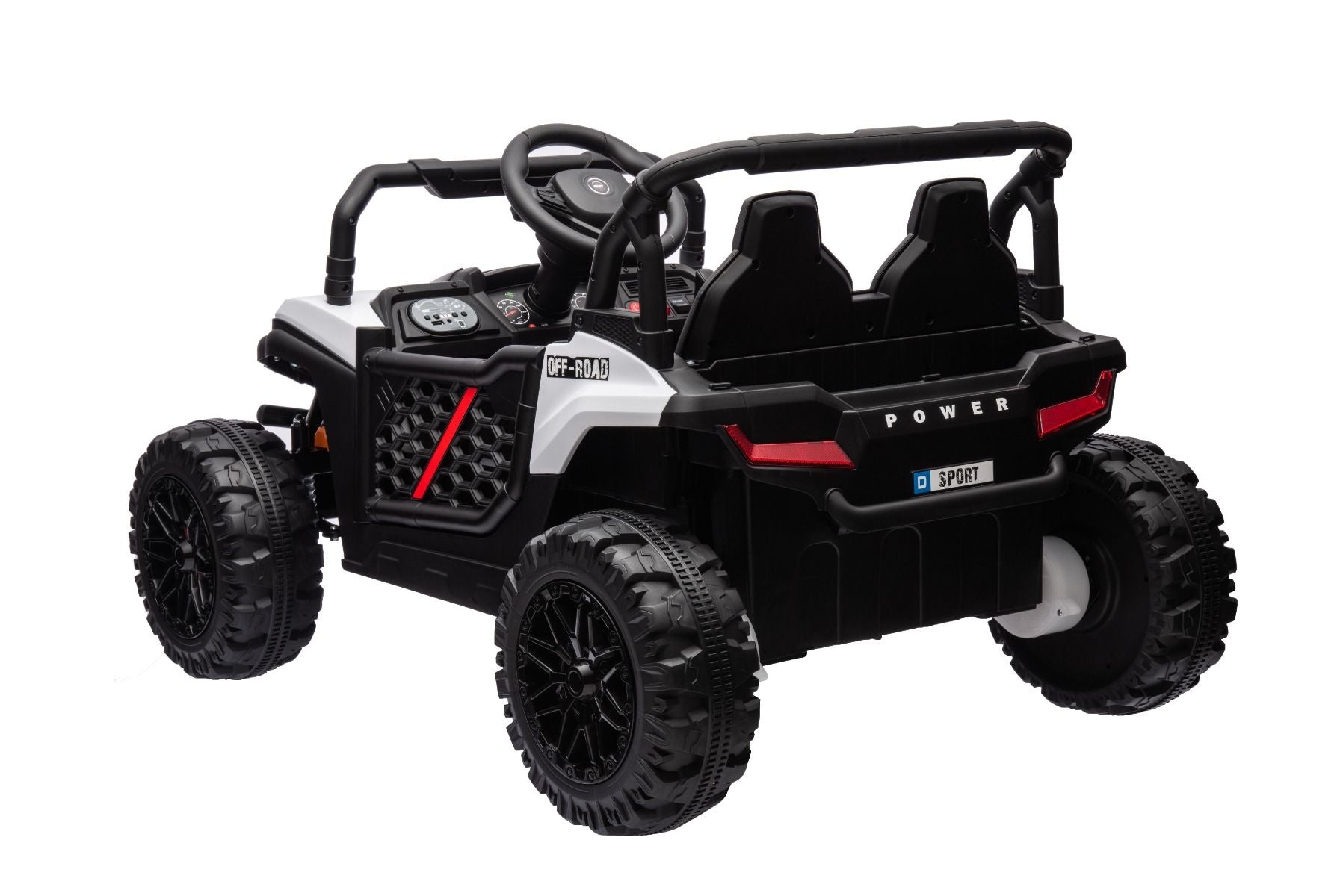 Elektrisches Aufsitzauto UTV Small 12V, weiß, Hinterradantrieb, 12V Batterie, Kunststoffräder, Breiter Doppelsitz für nur ein Kind, 2,4 GHz Fernbedienung, MP3-Player mit USB/SD-Eingang, LED-Leuchten