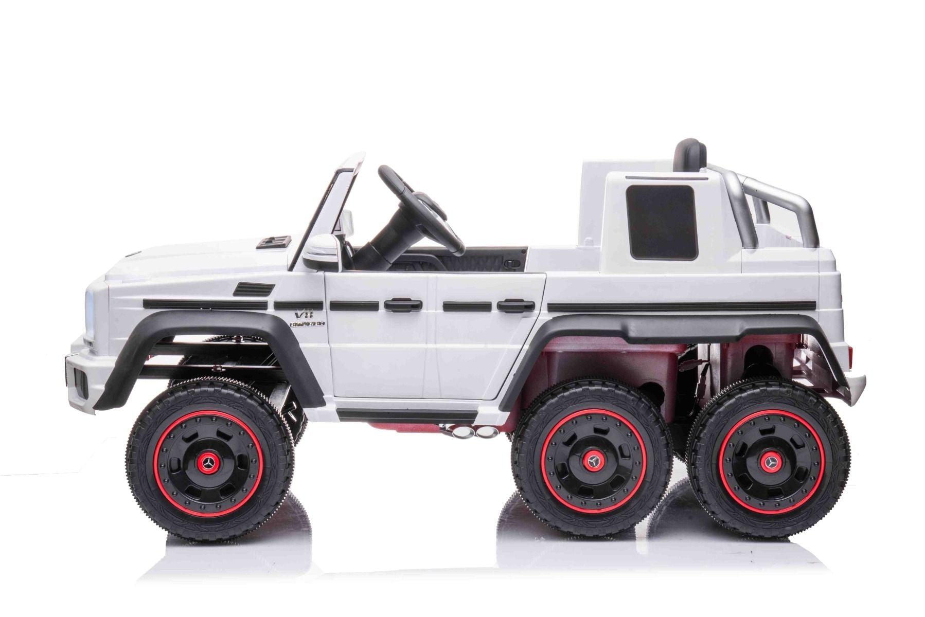 Elektro-Rutschauto Mercedes-Benz G63 AMG 6X6, Einsitzer, Weiß, 6 Räder mit Einzelradaufhängung, Antrieb 2 x 45-W-Motoren, 12V10AH-Batterie, Kunststoffräder und -sitz, Fernbedienung, lizenziert