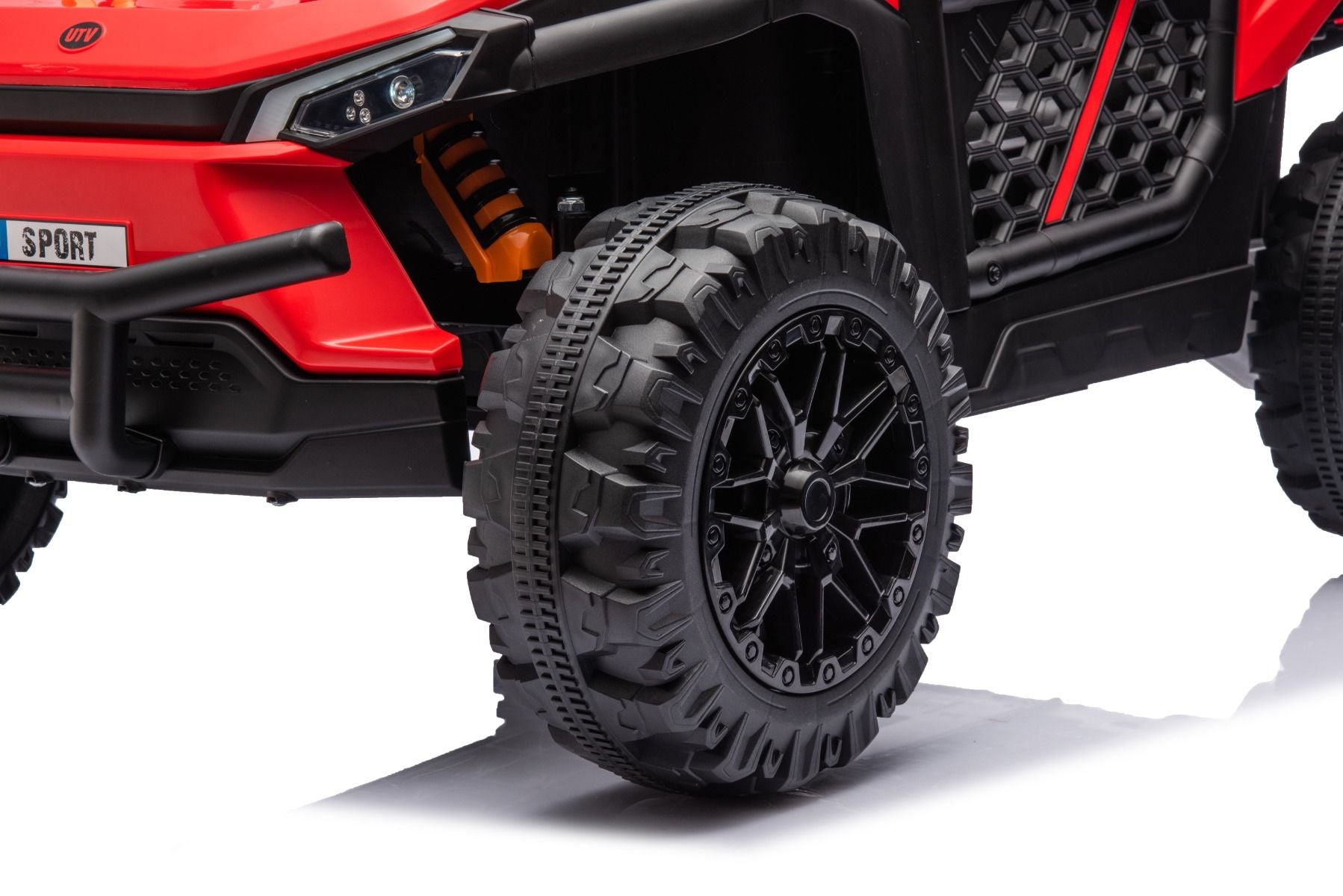 Elektrisches Aufsitzauto UTV Small 12V, rot, Hinterradantrieb, 12V Batterie, Kunststoffräder, Breiter Doppelsitz für nur ein Kind, 2,4 GHz Fernbedienung, MP3-Player mit USB/SD-Eingang, LED-Leuchten