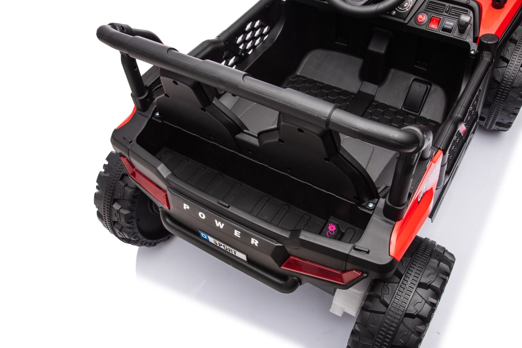 Elektrisches Aufsitzauto UTV Small 12V, rot, Hinterradantrieb, 12V Batterie, Kunststoffräder, Breiter Doppelsitz für nur ein Kind, 2,4 GHz Fernbedienung, MP3-Player mit USB/SD-Eingang, LED-Leuchten