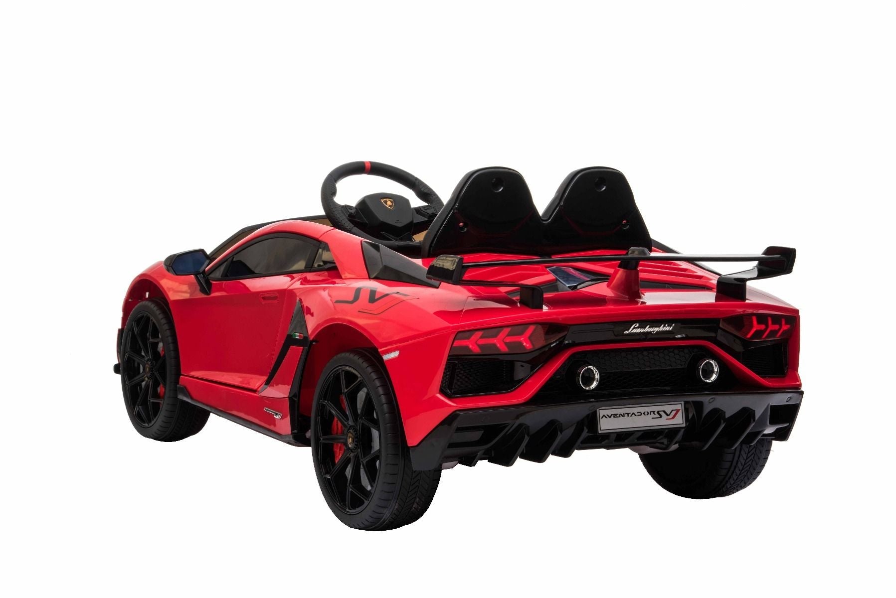 Elektroauto für Kinder Lamborghini Aventador 12V für zwei Benutzer, rot, vertikal öffnende Türen, 2 x 12V Motor, 12V Batterie, 2,4 GHz Fernbedienung, weiche EVA-Räder, Federung, Sanftanlauf, MP3-Player mit USB, Original lizenziert