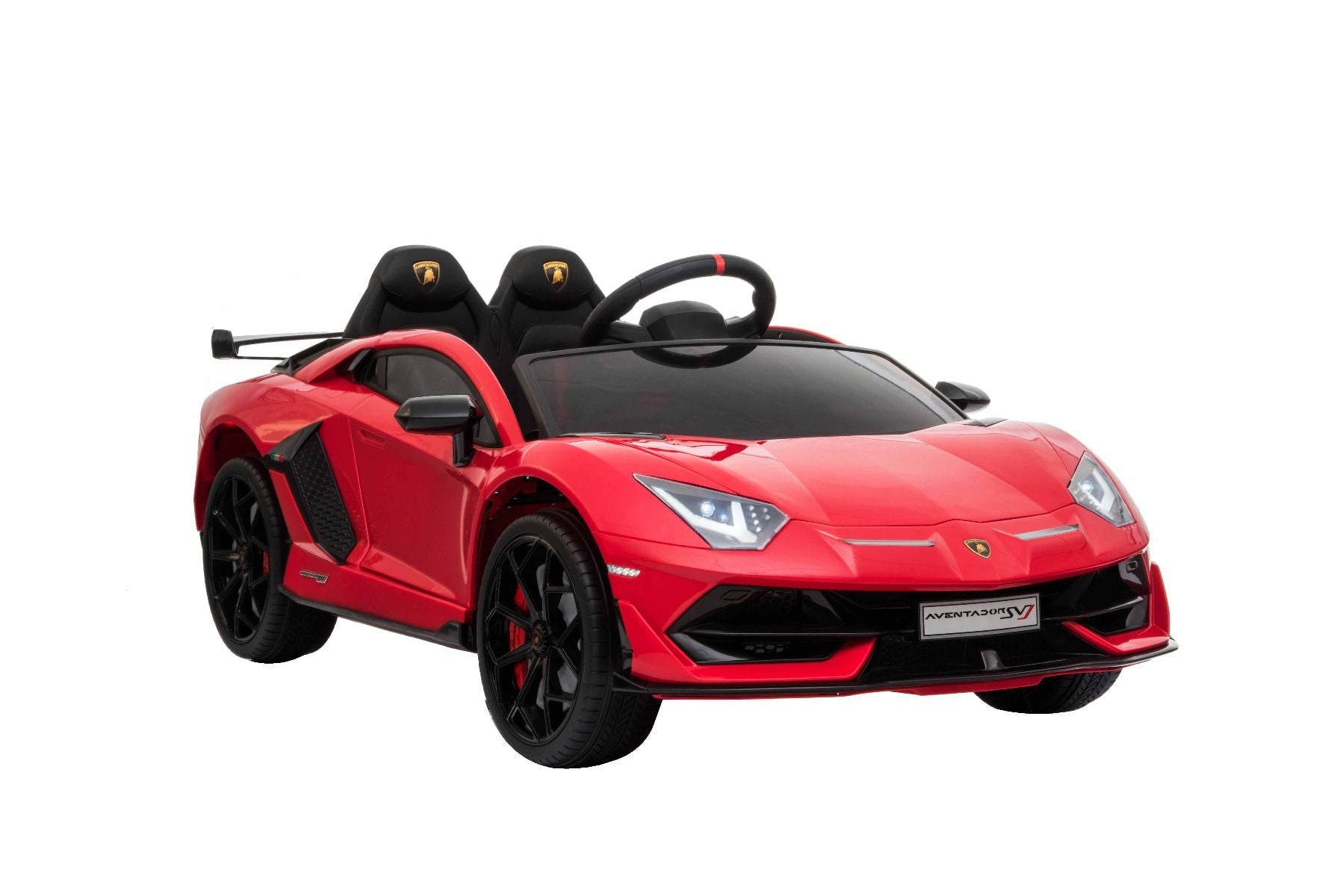 Elektroauto für Kinder Lamborghini Aventador 12V für zwei Benutzer, rot, vertikal öffnende Türen, 2 x 12V Motor, 12V Batterie, 2,4 GHz Fernbedienung, weiche EVA-Räder, Federung, Sanftanlauf, MP3-Player mit USB, Original lizenziert