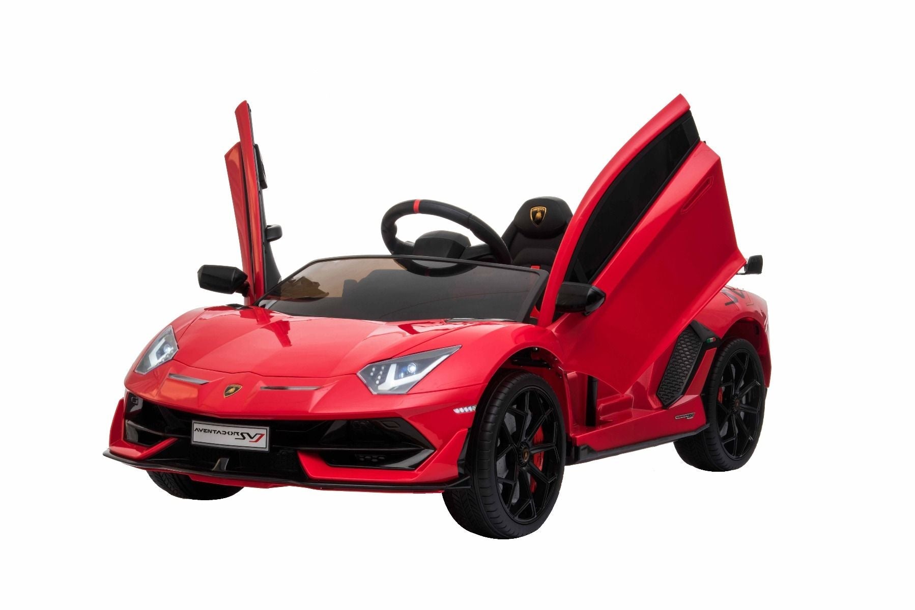 Elektroauto für Kinder Lamborghini Aventador 12V für zwei Benutzer, rot, vertikal öffnende Türen, 2 x 12V Motor, 12V Batterie, 2,4 GHz Fernbedienung, weiche EVA-Räder, Federung, Sanftanlauf, MP3-Player mit USB, Original lizenziert