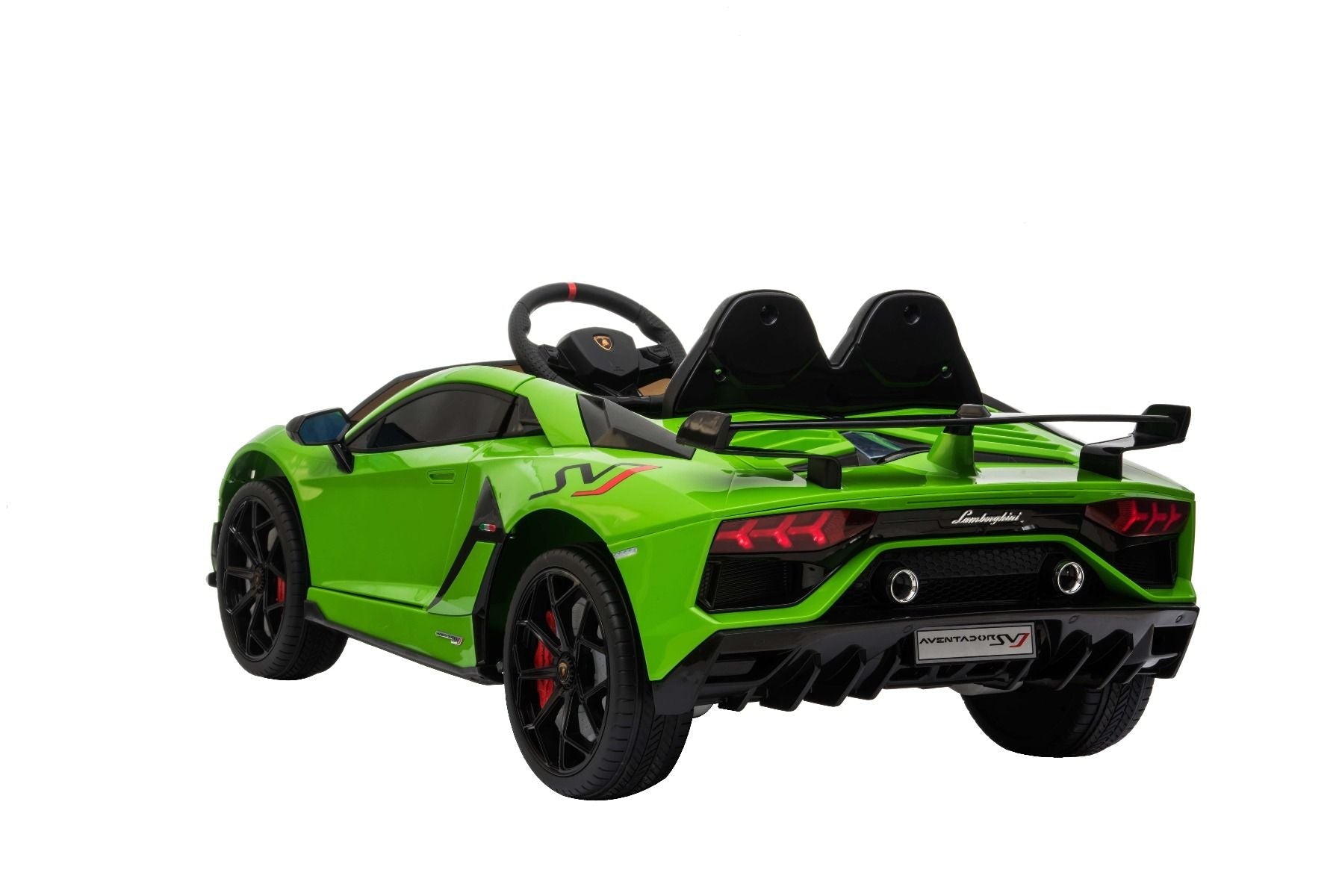 Elektroauto für Kinder Lamborghini Aventador 12V für zwei Benutzer, grün, vertikal öffnende Türen, 2 x 12V Motor, 12V Batterie, 2,4 GHz Fernbedienung, weiche EVA-Räder, Federung, Sanftanlauf, MP3-Player mit USB, Original lizenziert