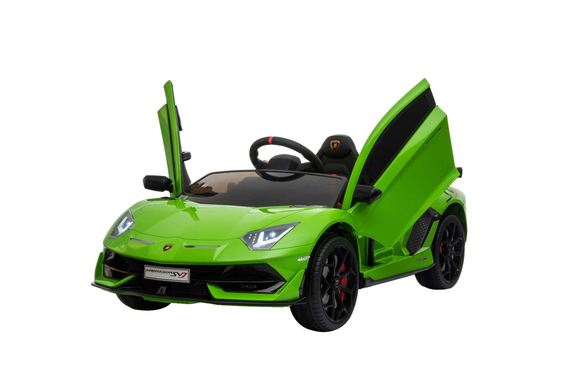 Elektroauto für Kinder Lamborghini Aventador 12V für zwei Benutzer, grün, vertikal öffnende Türen, 2 x 12V Motor, 12V Batterie, 2,4 GHz Fernbedienung, weiche EVA-Räder, Federung, Sanftanlauf, MP3-Player mit USB, Original lizenziert