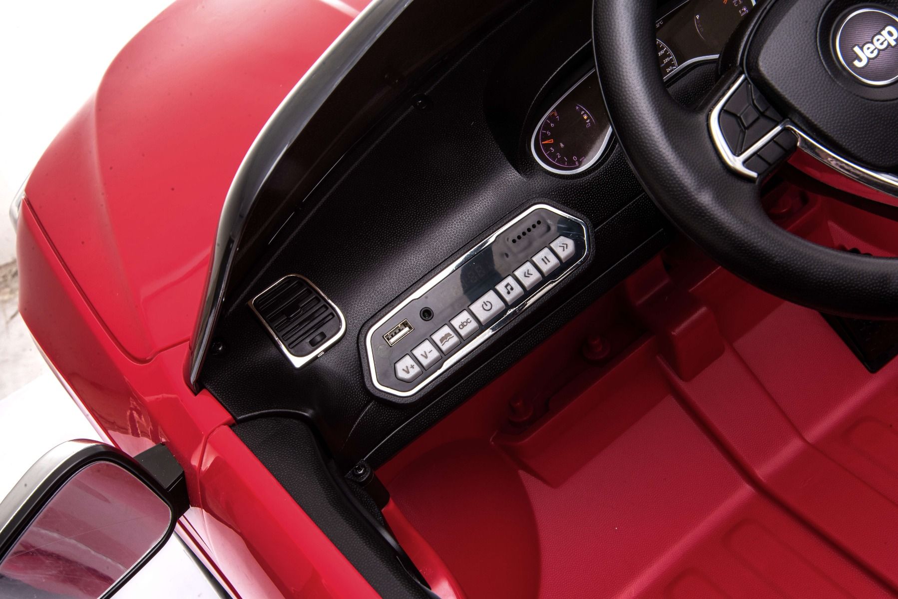 Kinder Elektroauto 12V Jeep Grand Cherokee, Rot, Ledersitz, 2 x 35W Motor, Elektroauto für kinder mit 2,4 GHz Fernbedienung, MP3/USB/AUX Eingang, Elektrofahrzeuge für kinder ab 3 bis 7 jahre