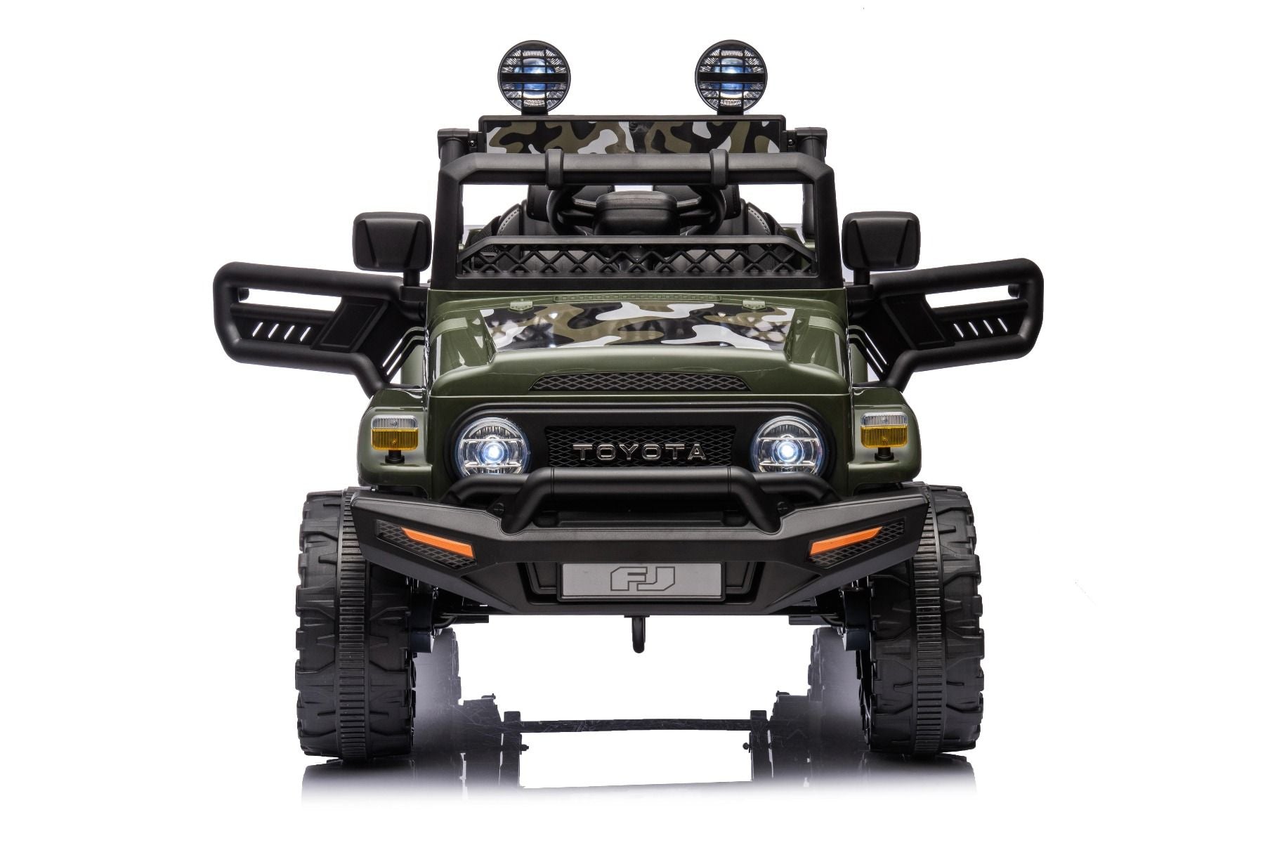 Elektrisches Aufsitzauto TOYOTA FJ CRUISER mit Hinterradantrieb, Schwarz, 12-V-Batterie, hohes Fahrgestell, breiter Sitz, Hinterachsfederung, LED-Leuchten, 2,4-GHz-Fernbedienung, MP3-Player mit USB/AUX-Eingang, lizenziert