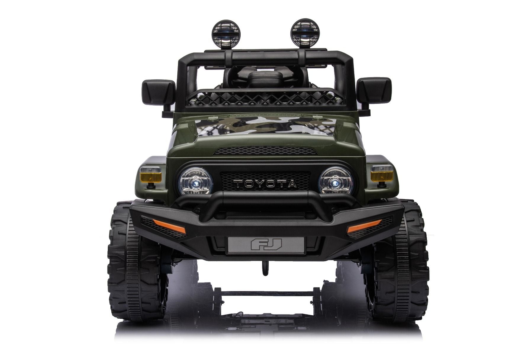 Elektrisches Aufsitzauto TOYOTA FJ CRUISER mit Hinterradantrieb, Grün, 12-V-Batterie, hohes Fahrgestell, breiter Sitz, Hinterachsfederung, LED-Leuchten, 2,4-GHz-Fernbedienung, MP3-Player mit USB/AUX-Eingang, lizenziert
