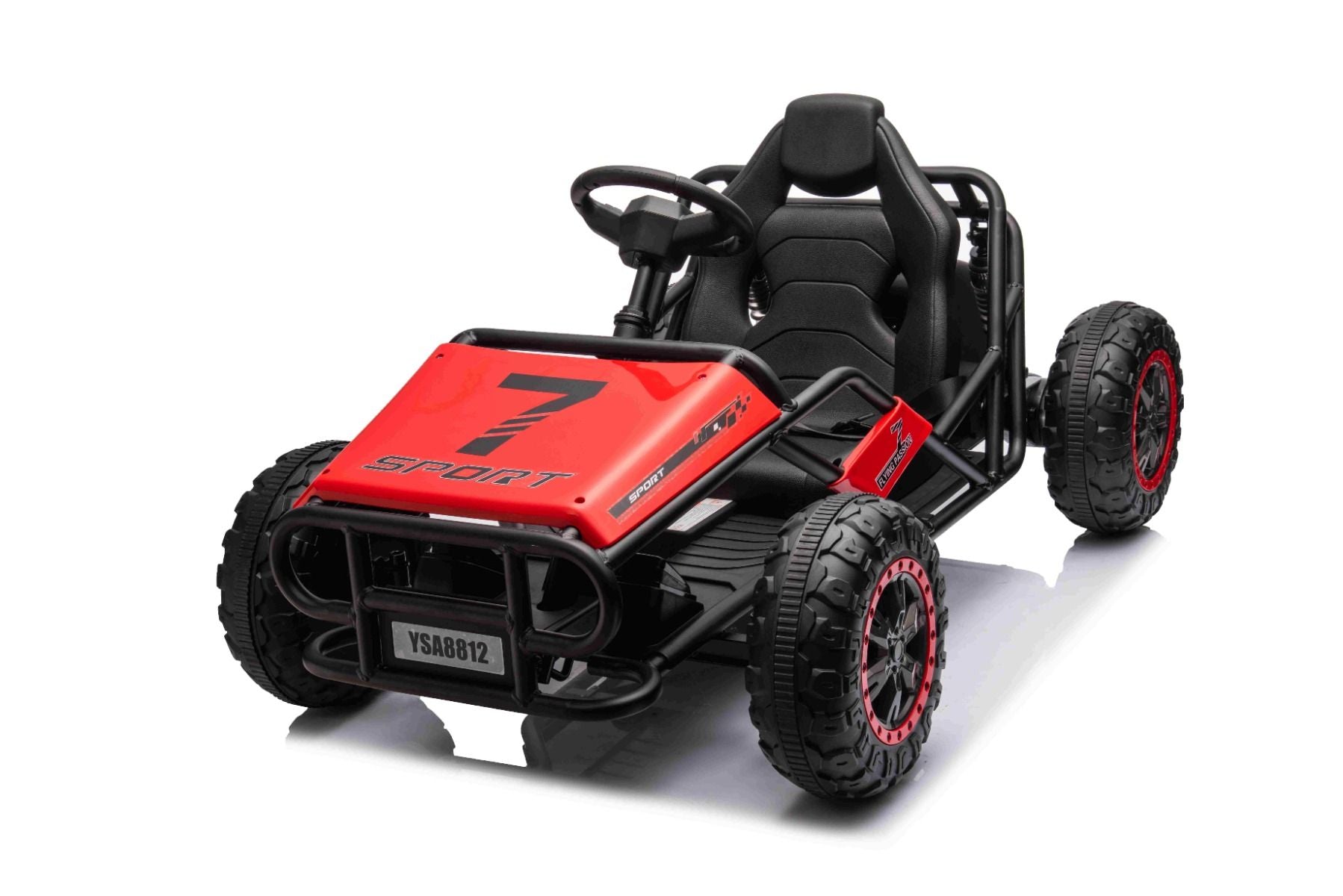 Elektrisches Aufsitz-Sportcart 24V, rot, weiche EVA-Räder, Kunstledersitz, sanfte Drift-Räder, 2 x 50W Motor, 24V Akku, massive Metallkonstruktion