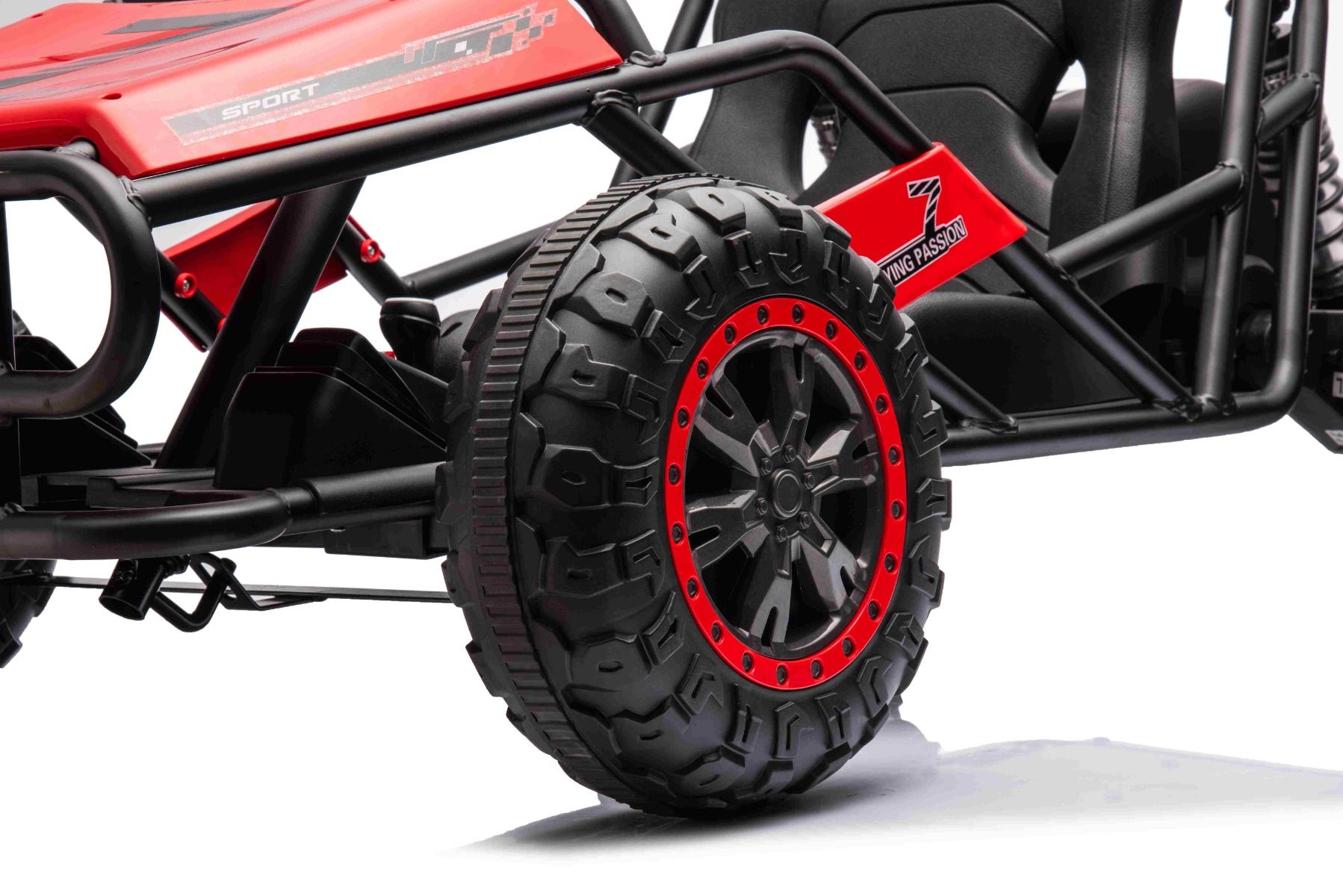 Elektrisches Aufsitz-Sportcart 24V, rot, weiche EVA-Räder, Kunstledersitz, sanfte Drift-Räder, 2 x 50W Motor, 24V Akku, massive Metallkonstruktion
