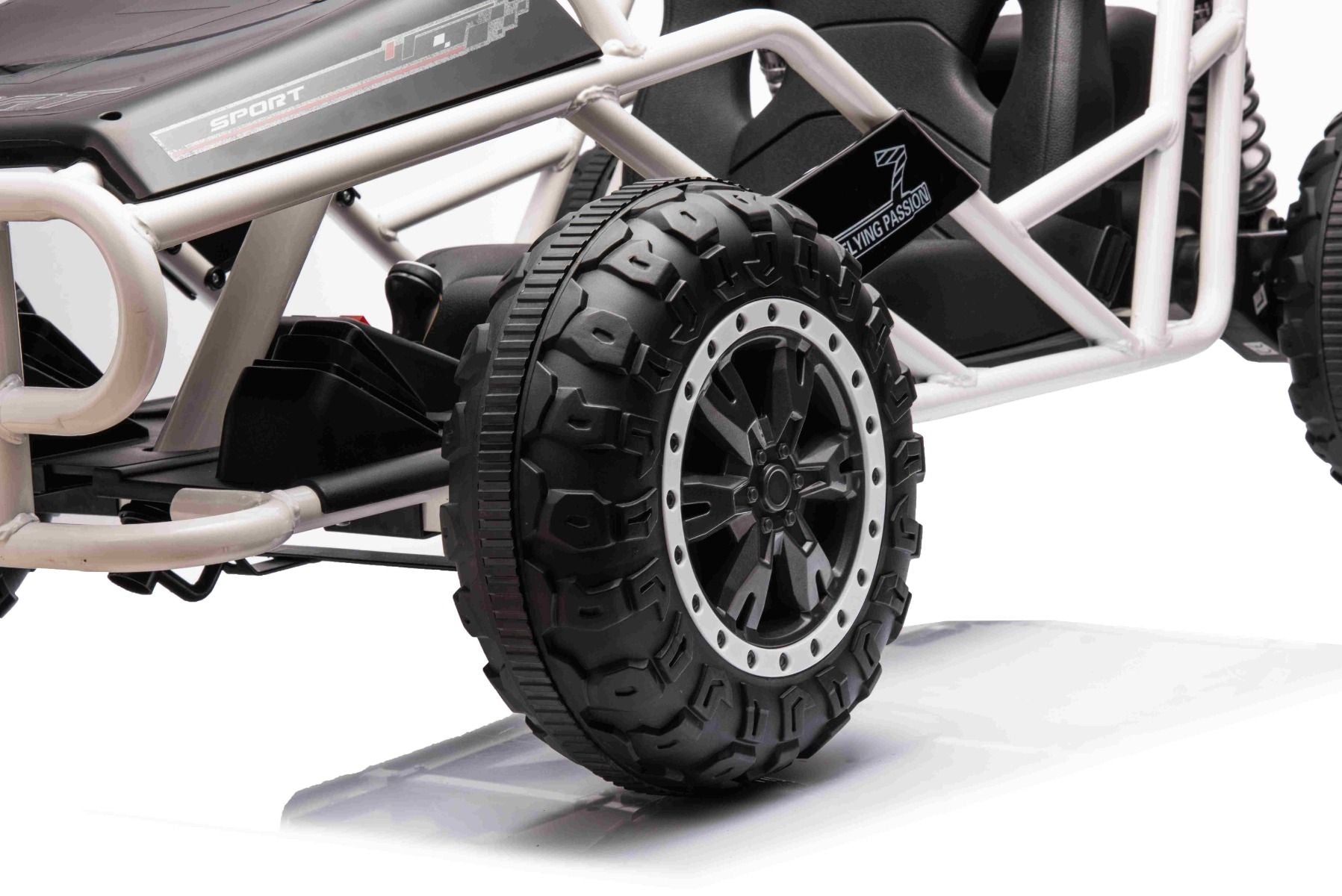 Elektrisches Aufsitz-Sportcart 24V, Weiß, weiche EVA-Räder, Kunstledersitz, sanfte Drift-Räder, 2 x 50W Motor, 24V Akku, massive Metallkonstruktion