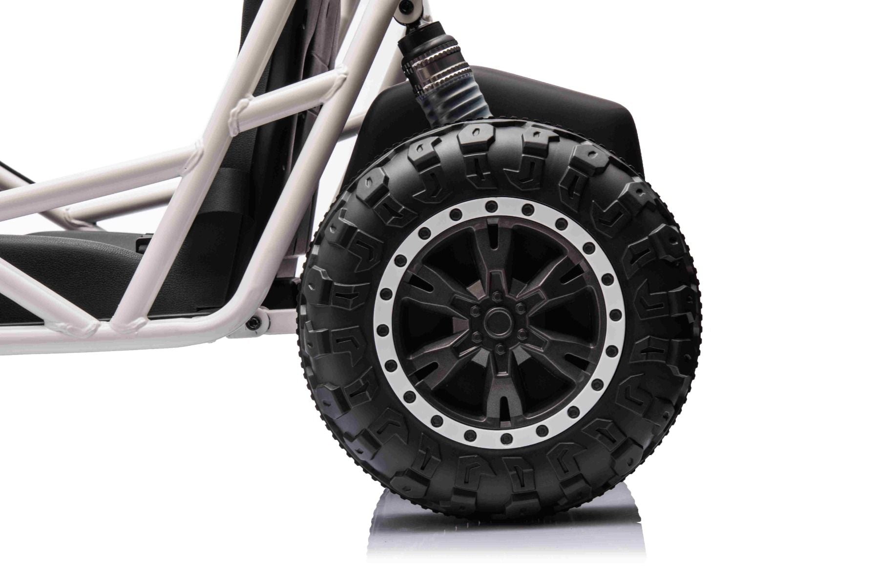 Elektrisches Aufsitz-Sportcart 24V, Weiß, weiche EVA-Räder, Kunstledersitz, sanfte Drift-Räder, 2 x 50W Motor, 24V Akku, massive Metallkonstruktion