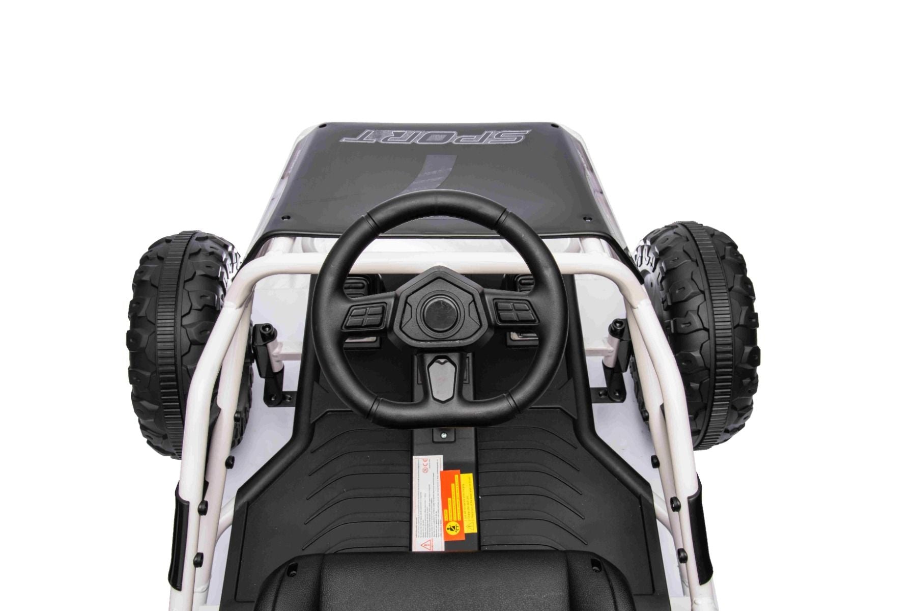 Elektrisches Aufsitz-Sportcart 24V, Weiß, weiche EVA-Räder, Kunstledersitz, sanfte Drift-Räder, 2 x 50W Motor, 24V Akku, massive Metallkonstruktion