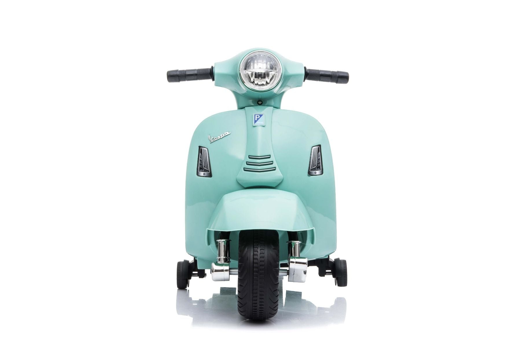 Elektro-Rutschroller Vespa GTS, blaugrün, mit Hilfsrädern, lizenziert, 6-V-Batterie, Ledersitz, 30-W-Motor