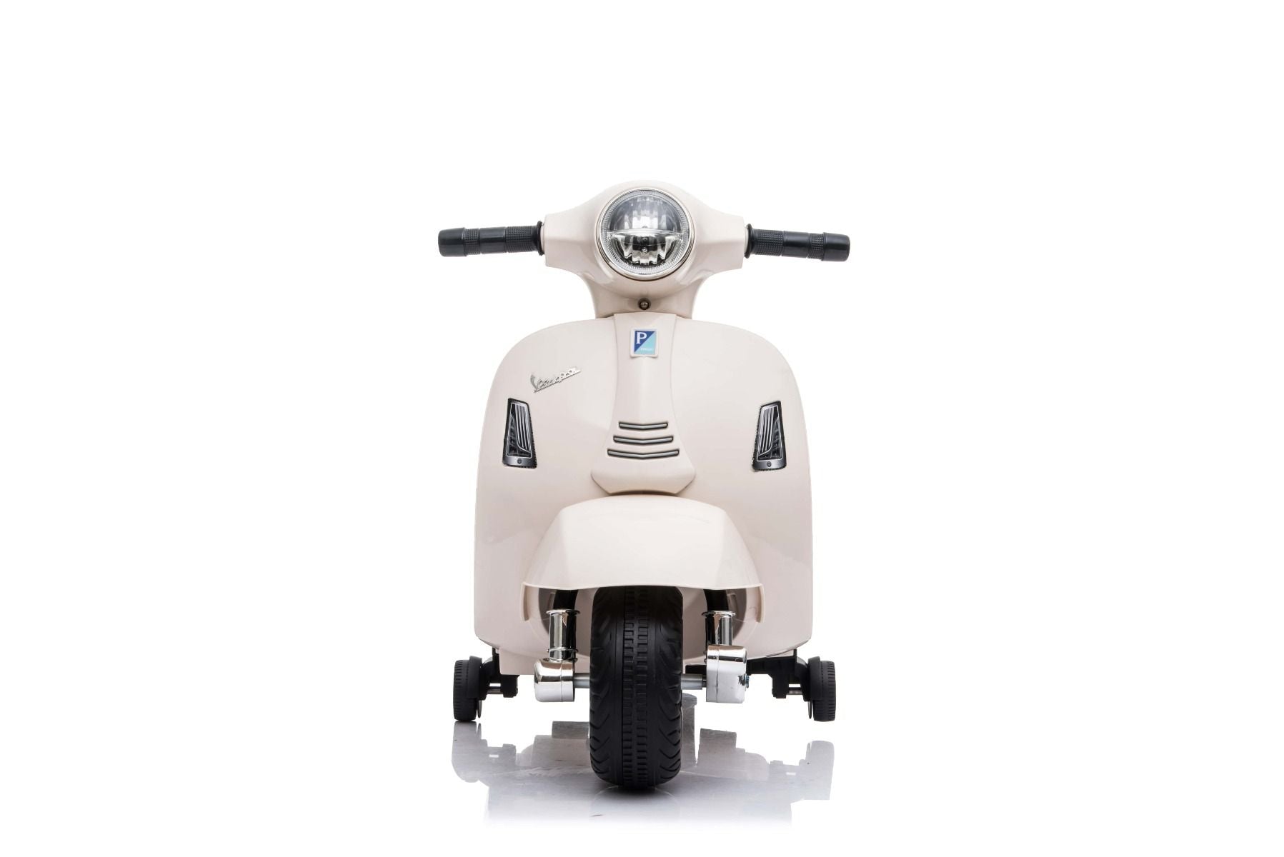 Elektro-Rutschroller Vespa GTS, weiß, mit Hilfsrädern, lizenziert, 6-V-Batterie, Ledersitz, 30-W-Motor